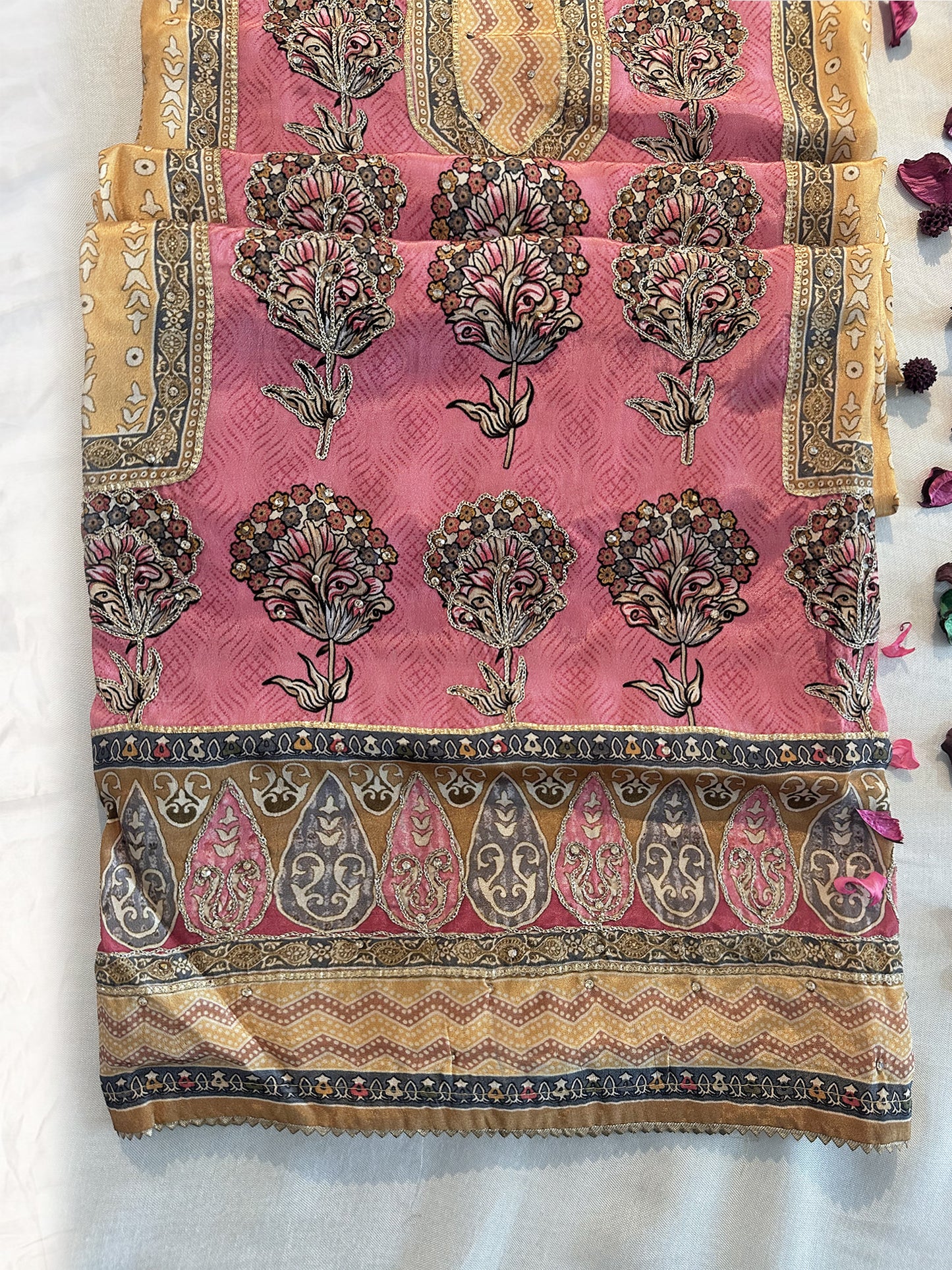 Butter Crepe Fabric Unstitched Suit Set Mustard-Pink