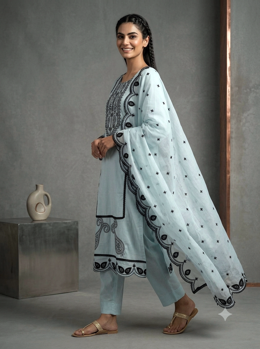Embroidered Cotton Suit Set with Cutwork Dupatta – Ice Blue