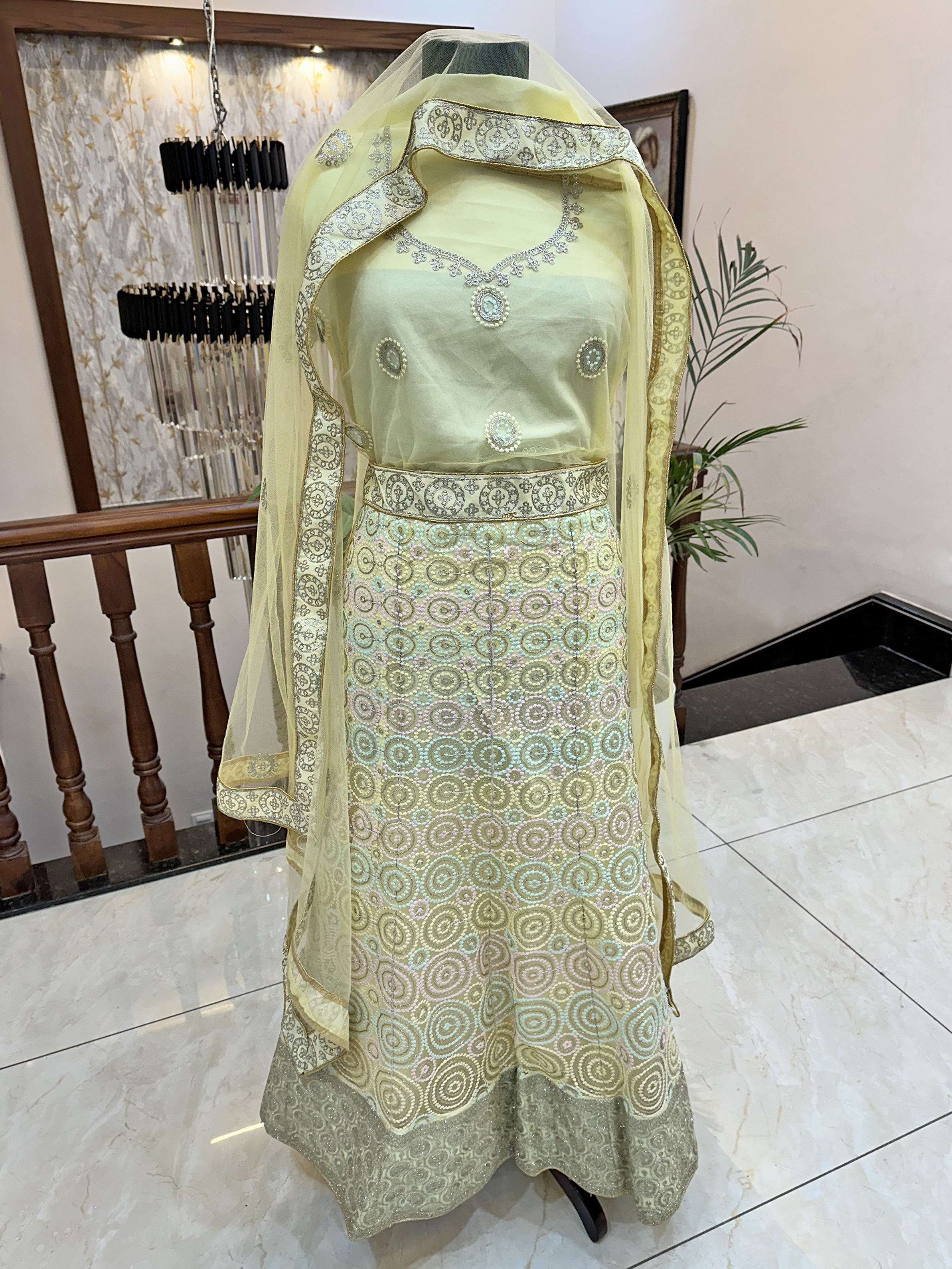 Net Fabric Readymade Lehenga Set Lemon color