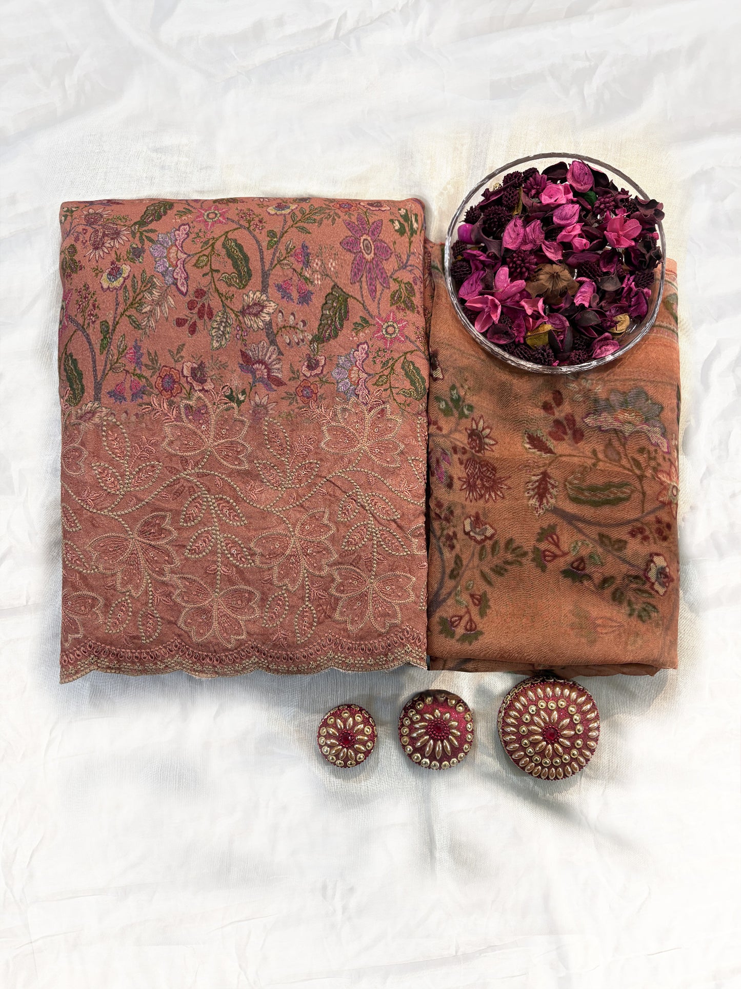 Pashmina Printed Fabric Unstitched Suit Set Peach and Lime Green