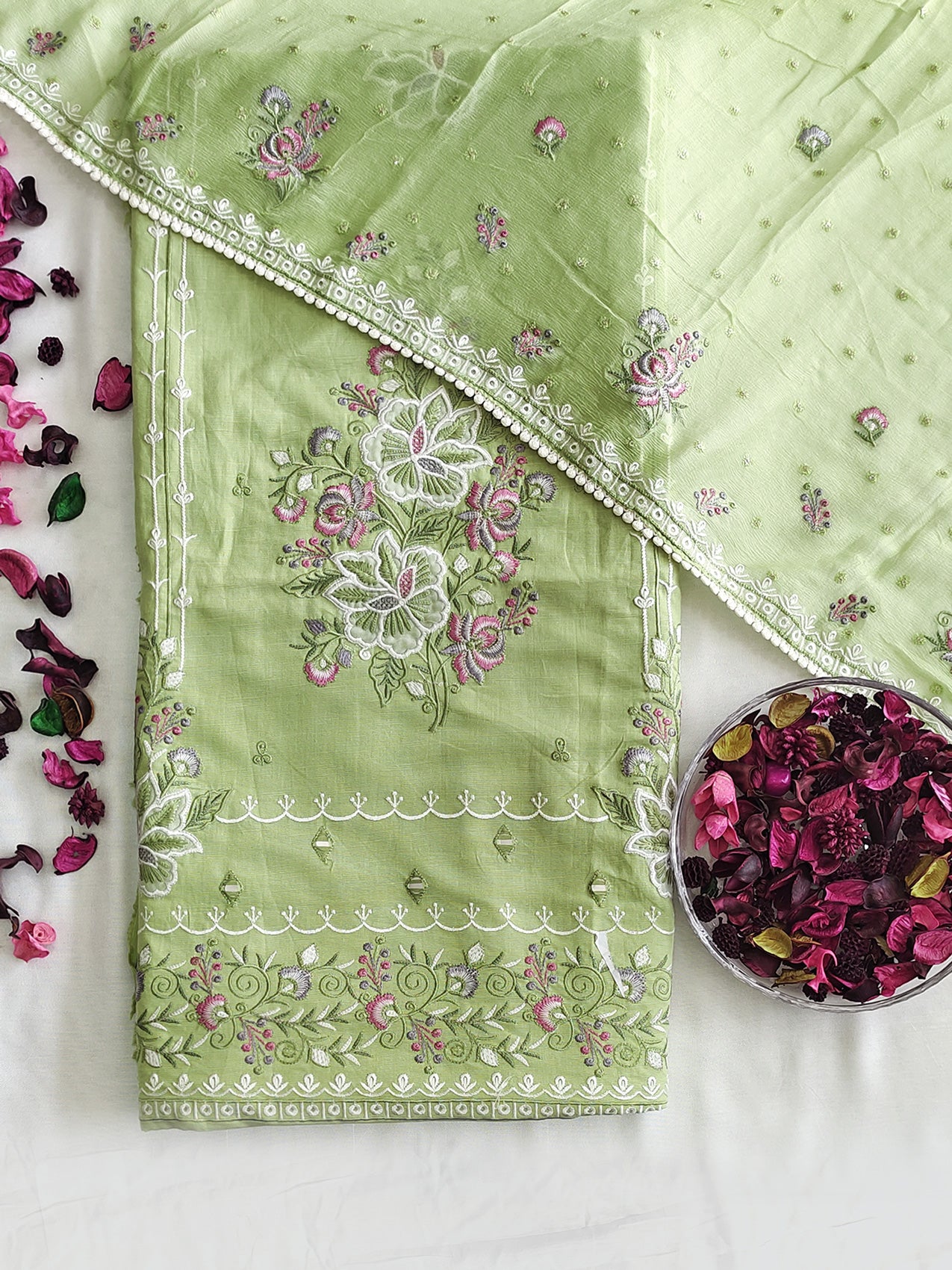 Unstitched Suit Set with Embroidered Dupatta Linen Cotton | Pista Green