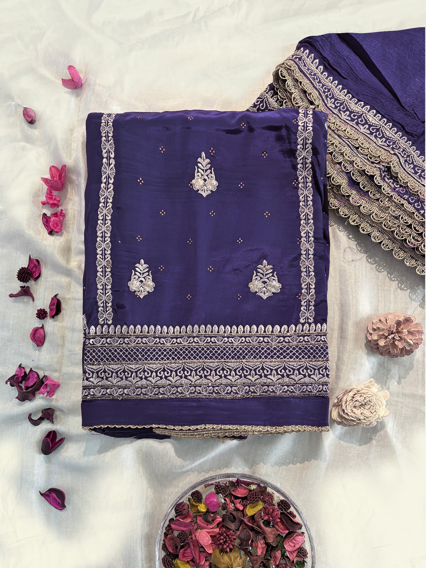 Unstitched Suit Set | Crepe Fabric | Wine and Blue