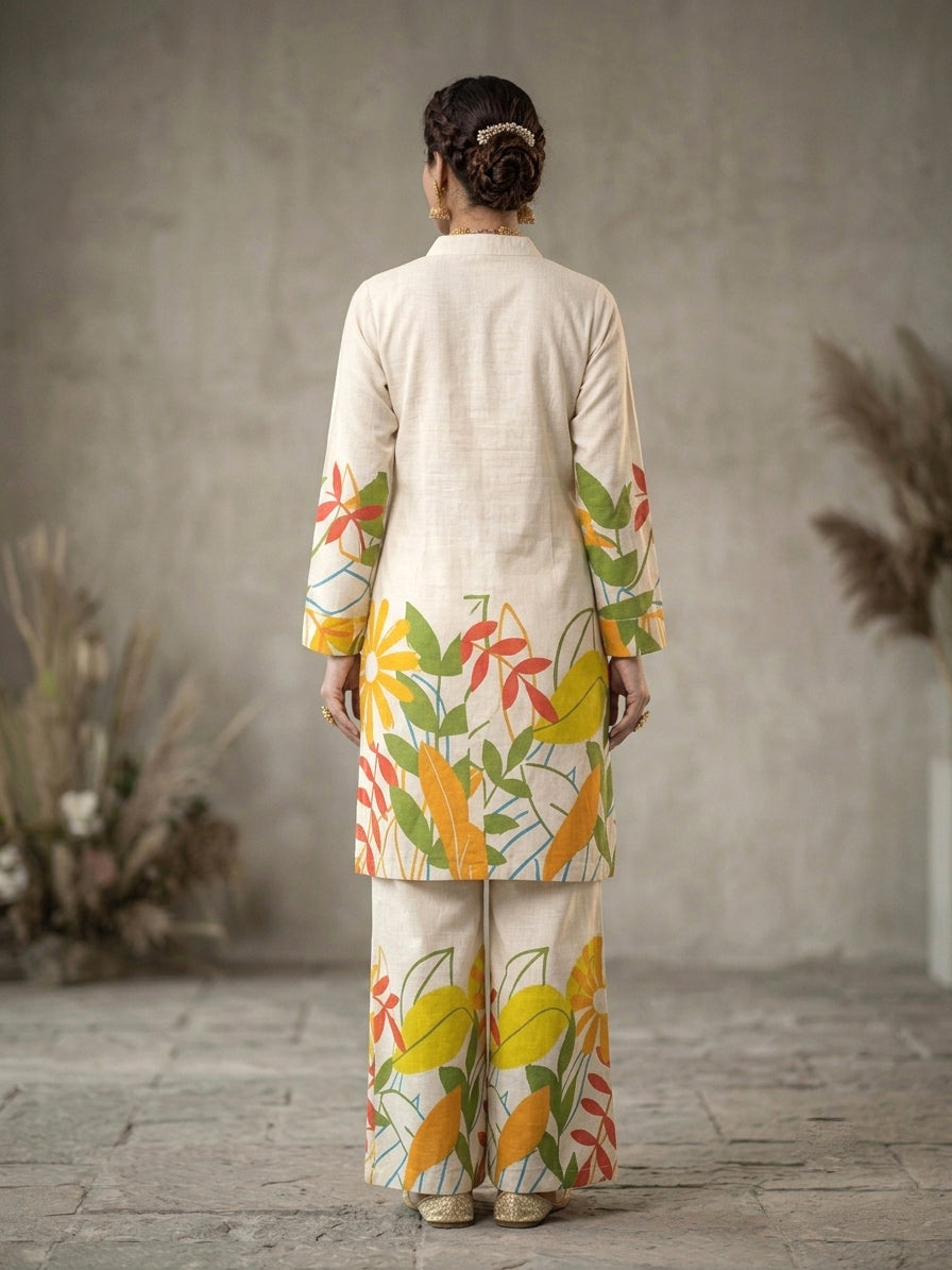 Botanical Printed Cotton Tunic & Palazzo Set – Cream & Yellow