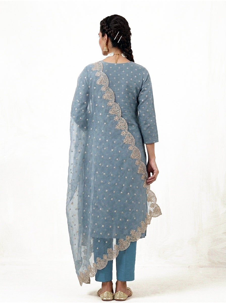 Embroidered Shimmer Straight Suit Set – Dusty Blue