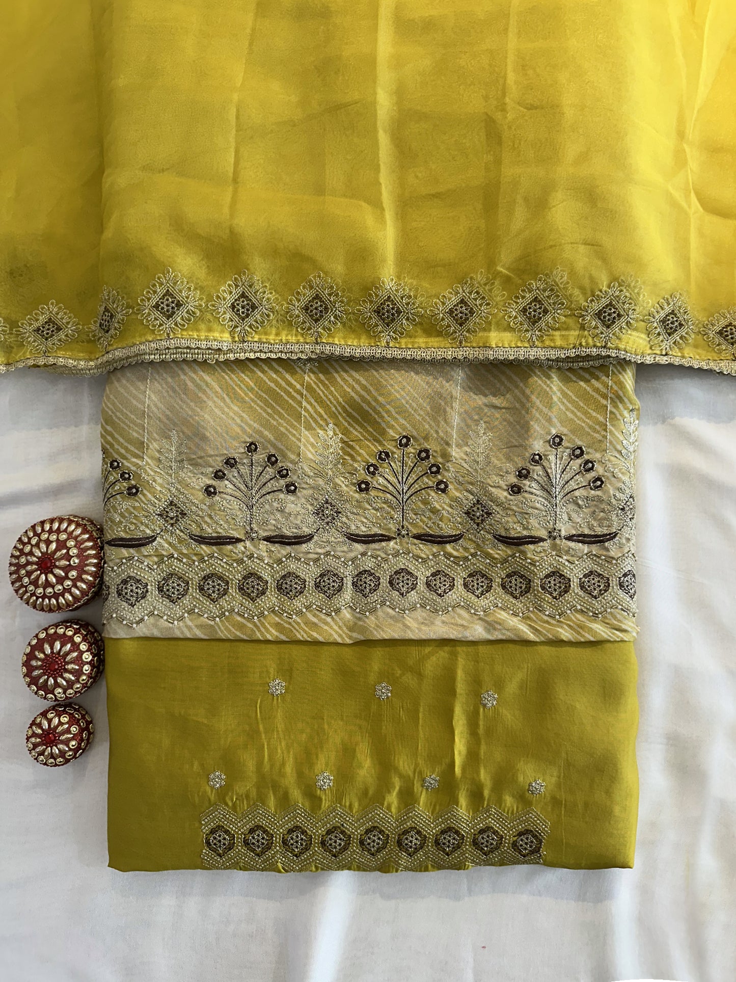 Shimmer Organza Fabric Unstitched Suit Set Yellow and Peach Colors