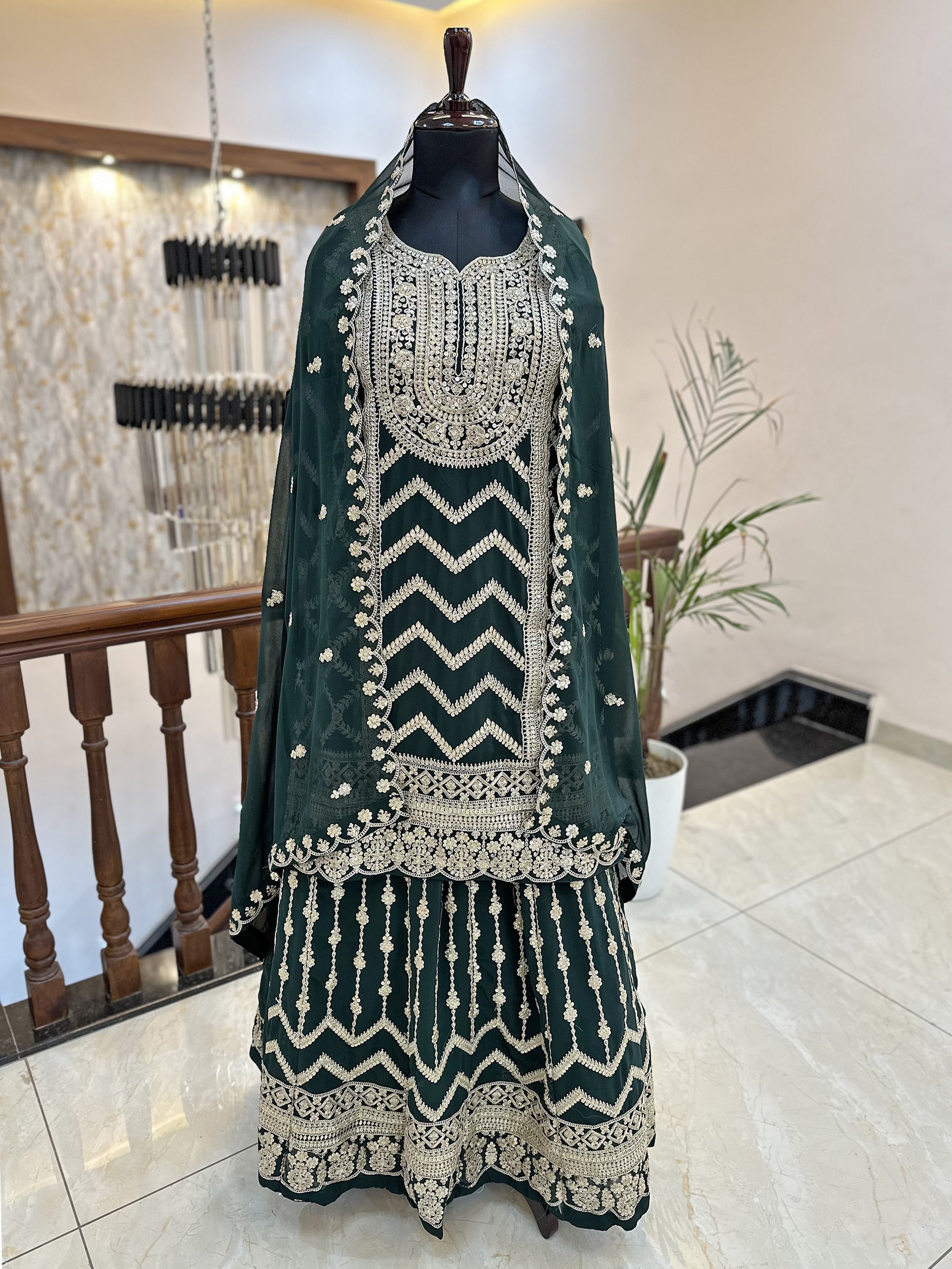 Georgette Fabric Stitched Lehenga Set Green Color