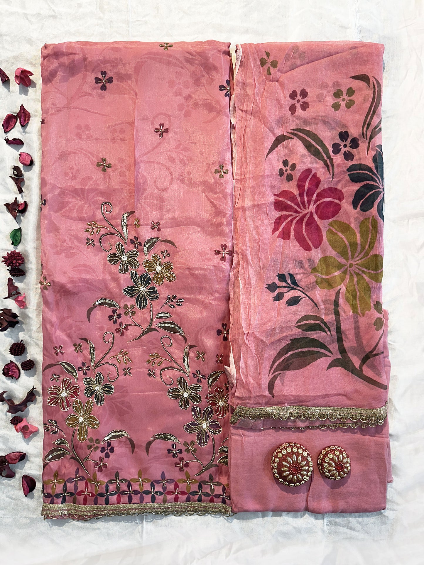 Organza Fabric Unstitched Suit Set | Beige & Pink