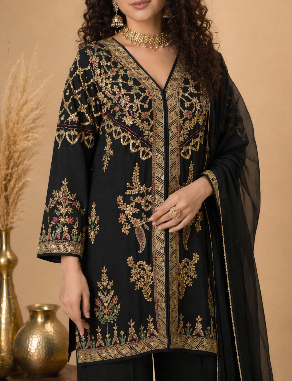 Pakistani-Style Embroidered Palazzo Suit Set – Black & Gold