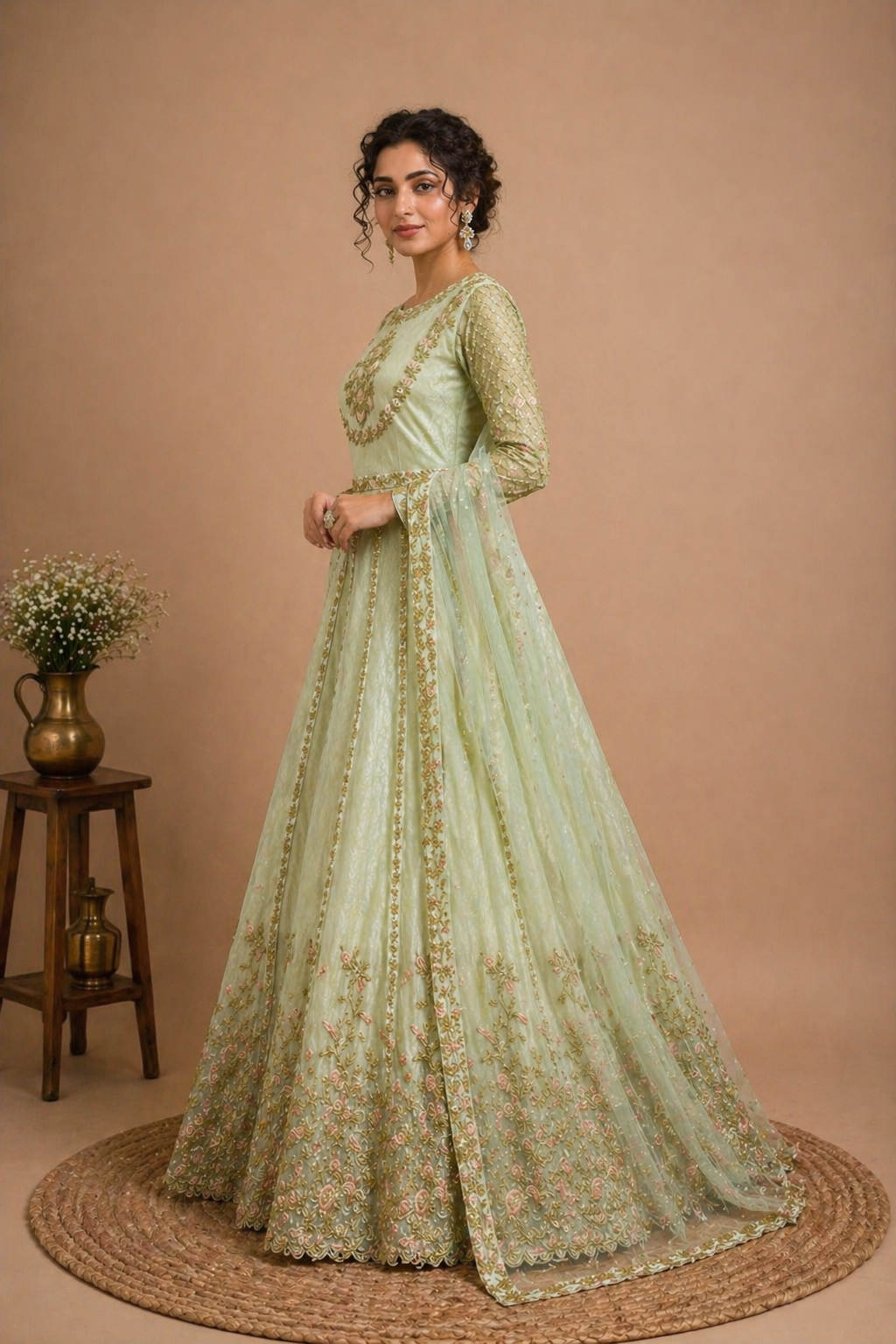 Premium Embroidered Net Anarkali Suit Set – Pastel Green