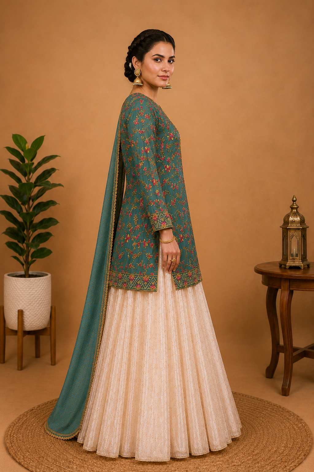 Intricate Embroidered Sharara Set – Sea Green & Ivory Cream