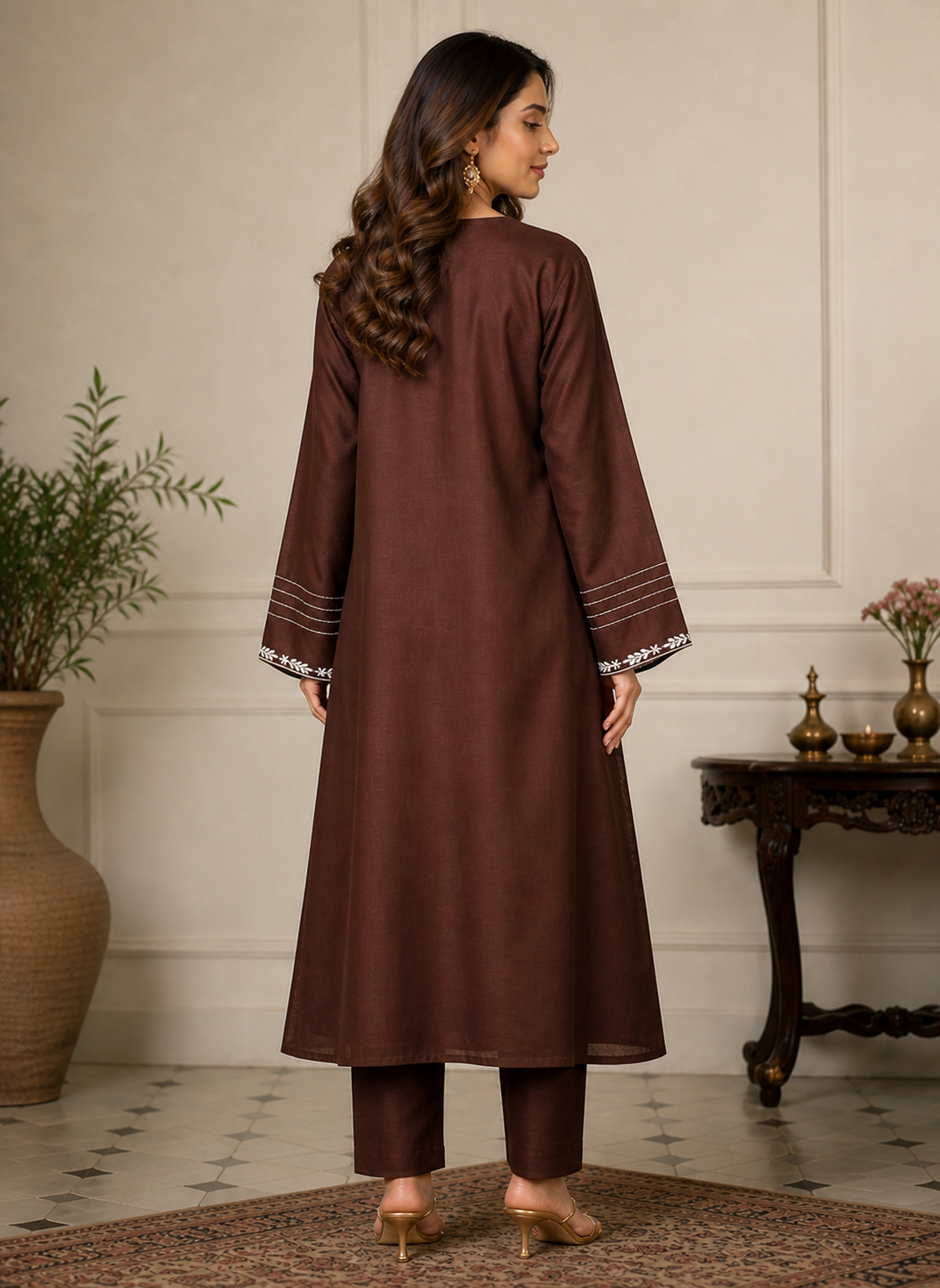 Cotton-Silk Neck Embroidered Kurta and Palazzo Set - Coffee Brown