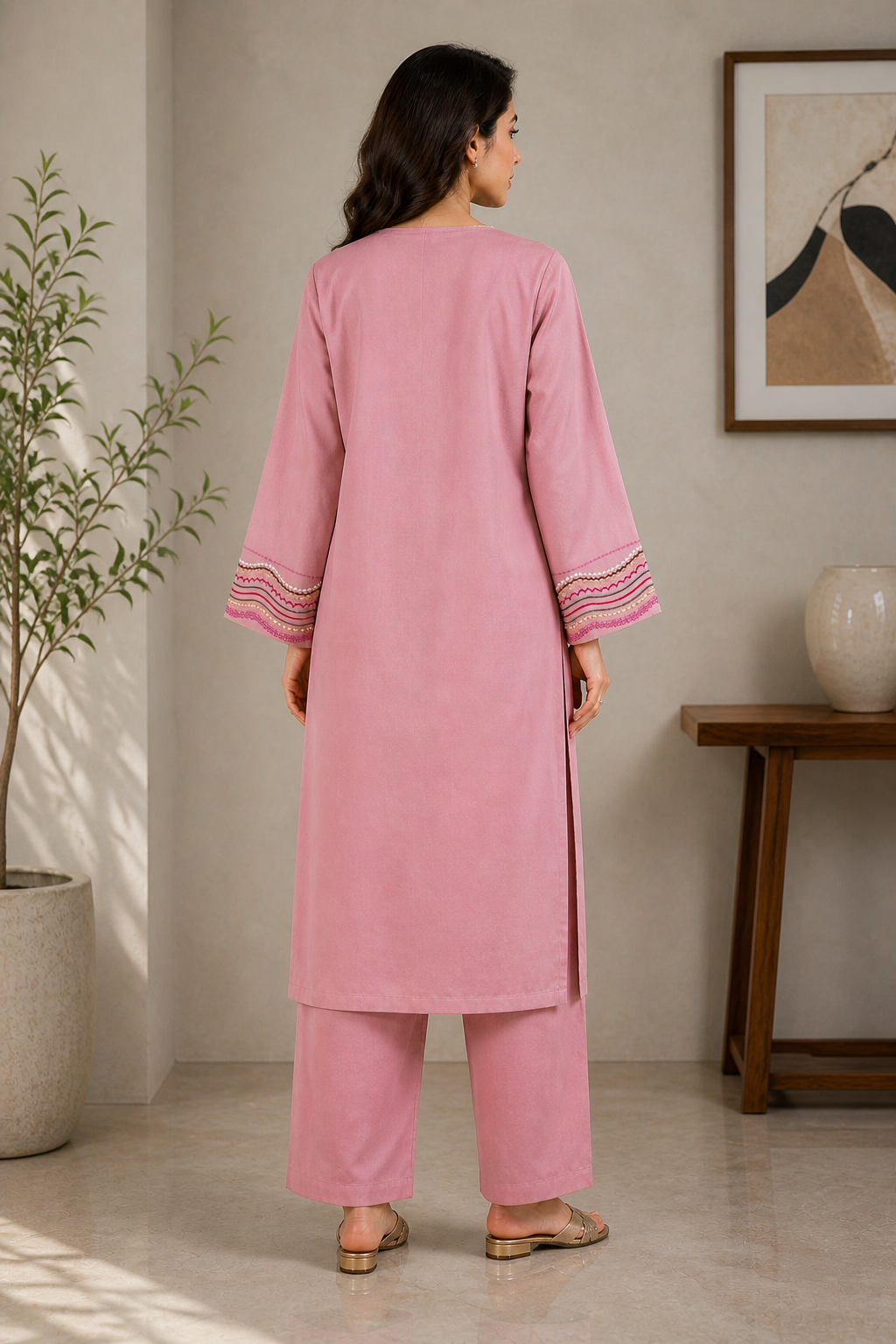 Boho-Chic Embroidered Mauve Kurta with Trousers Set