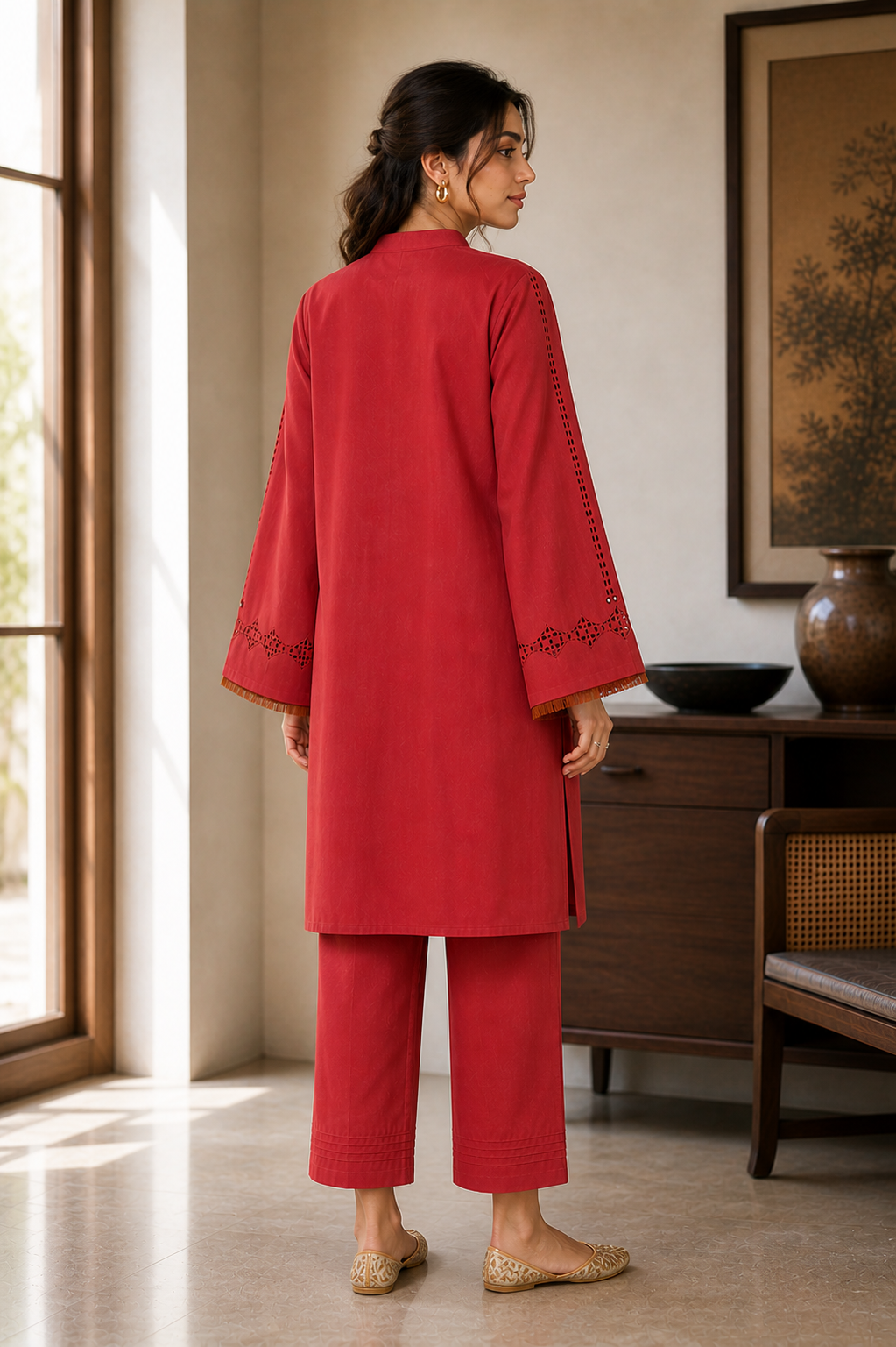 Premium Cotton-Linen Blend Cutwork Embroidery Palazzo Co-ord Set - Rust Red