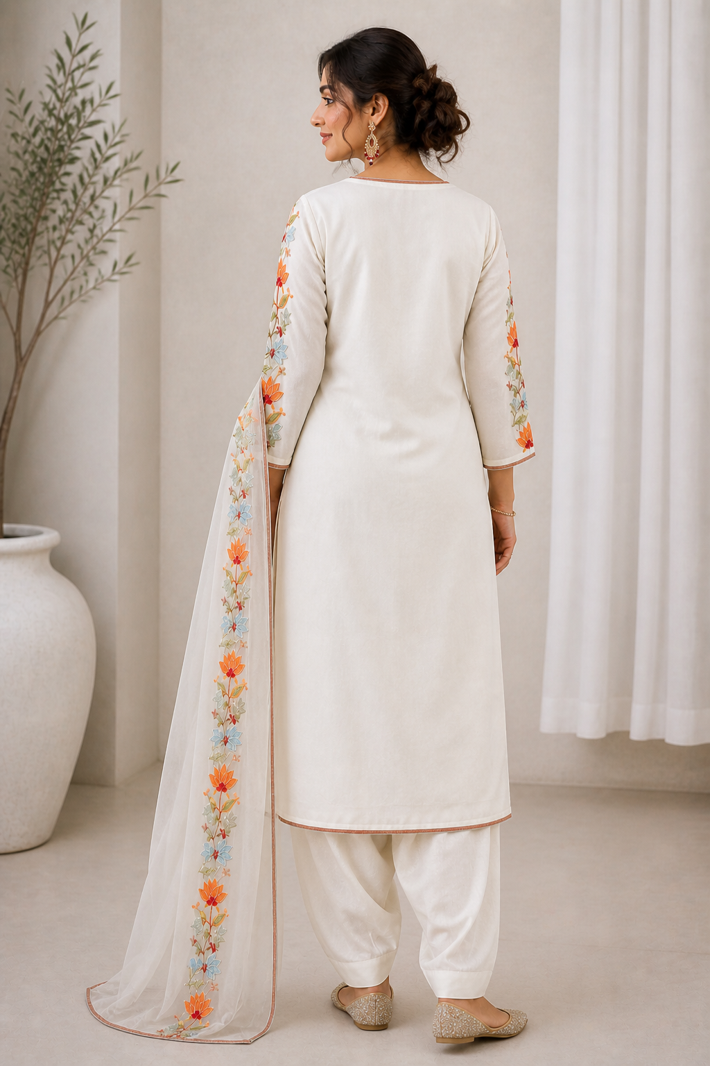 Solid Off-White Salwar Suit with Floral Embroidered Dupatta - Ivory White