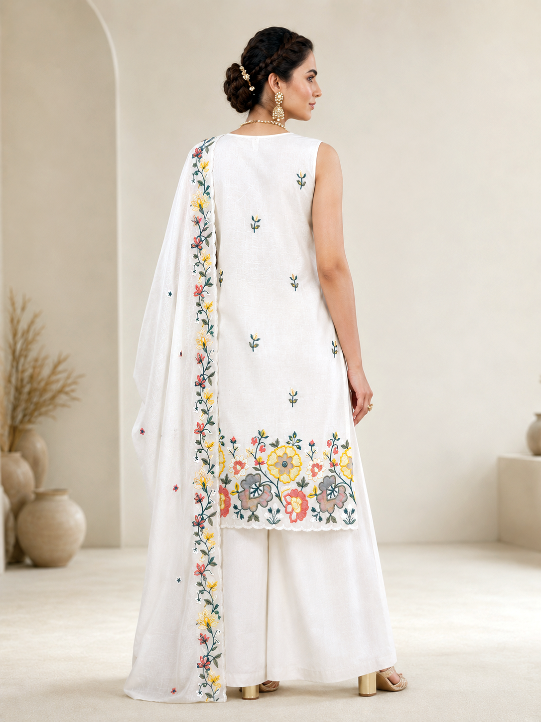 Vibrant Floral Embroidered Sleeveless Palazzo Suit Set – Off-White