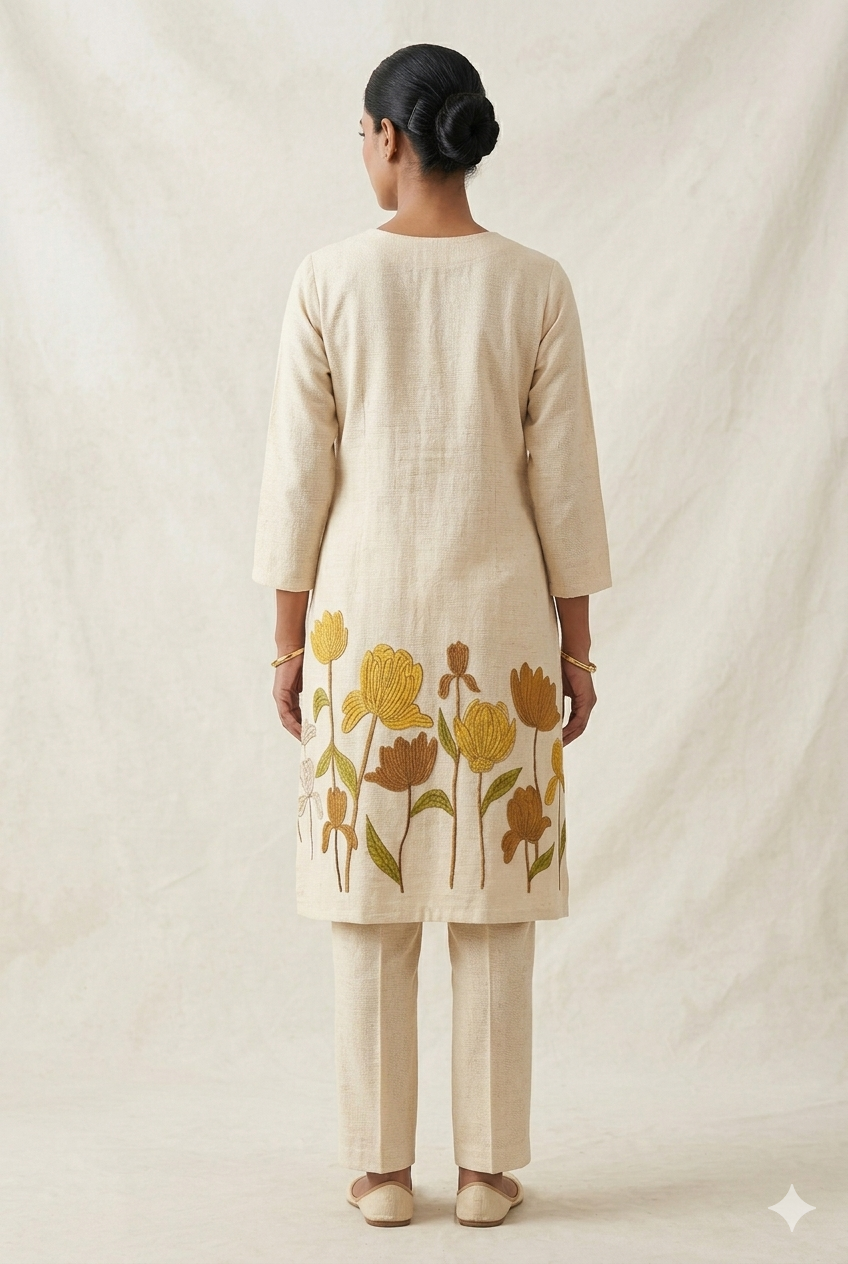 Khadi Kurta Set with Mustard Floral Hemline Art