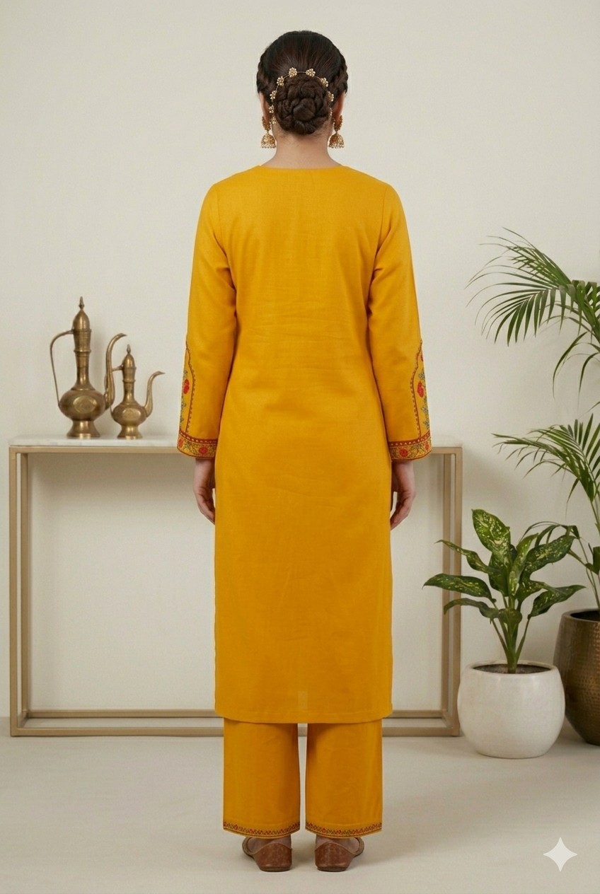 Kashmiri Floral Embroidered Kurta Palazzo Set Mustard Yellow