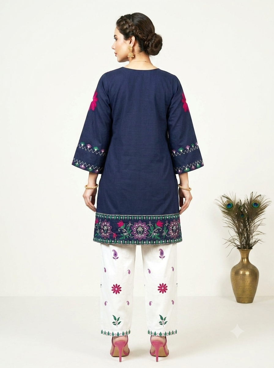 A-Line Embroidered Short Kurti Set – Navy Blue & Off-White