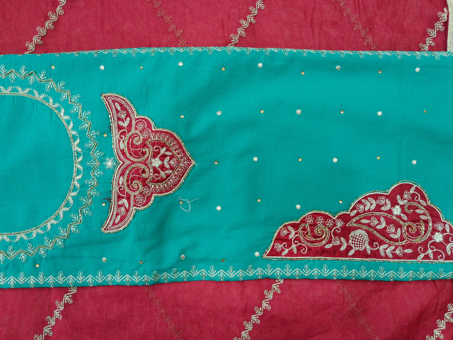 Giza Cotton Embroidered Suit Set with Kota Doria Dupatta – Teal & Red