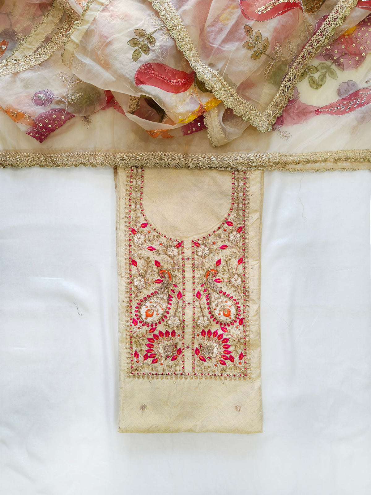 Banarasi Tissue Unstitched Suit Set with highlighted Dupatta Golden color