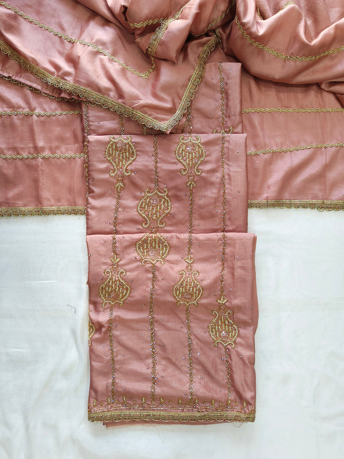 Soft Silk handwork Unstitched Suit Set with same Dupatta 2 Colors