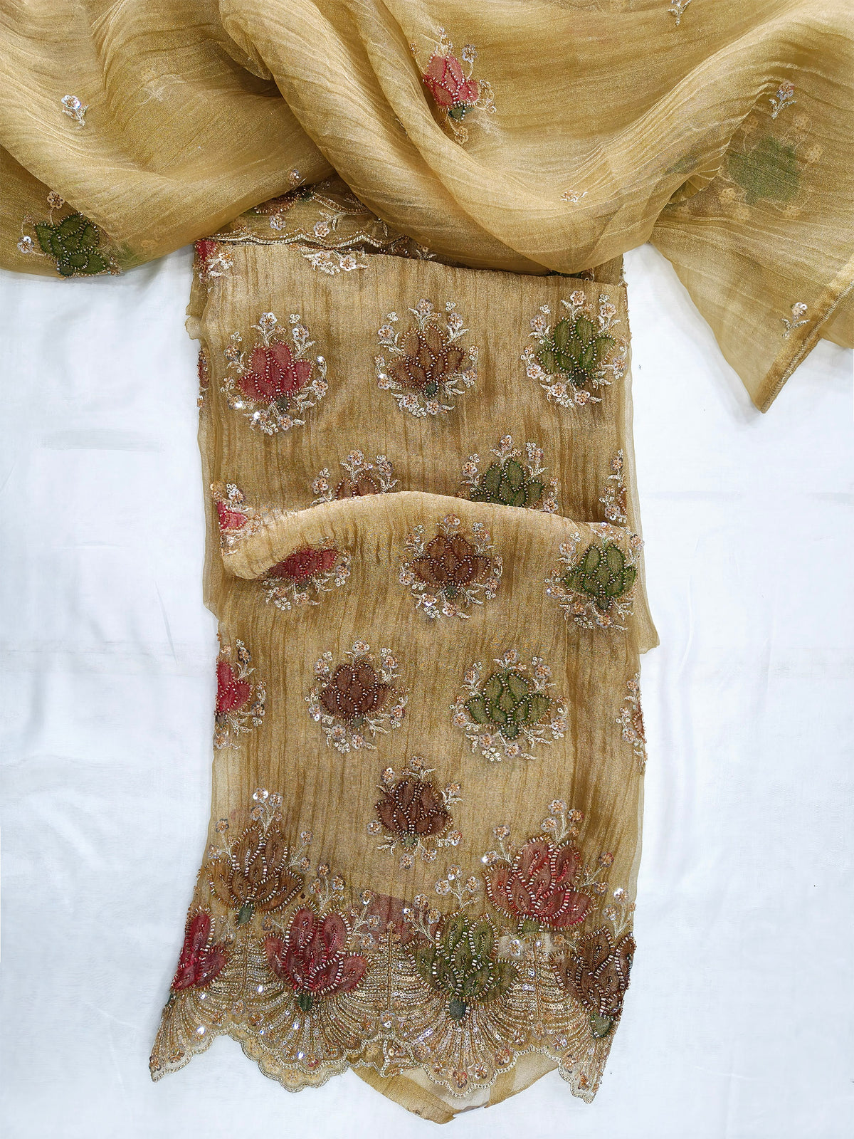 Crush Shimmer Tissue handwork Unstitched Suit Set with same Dupatta