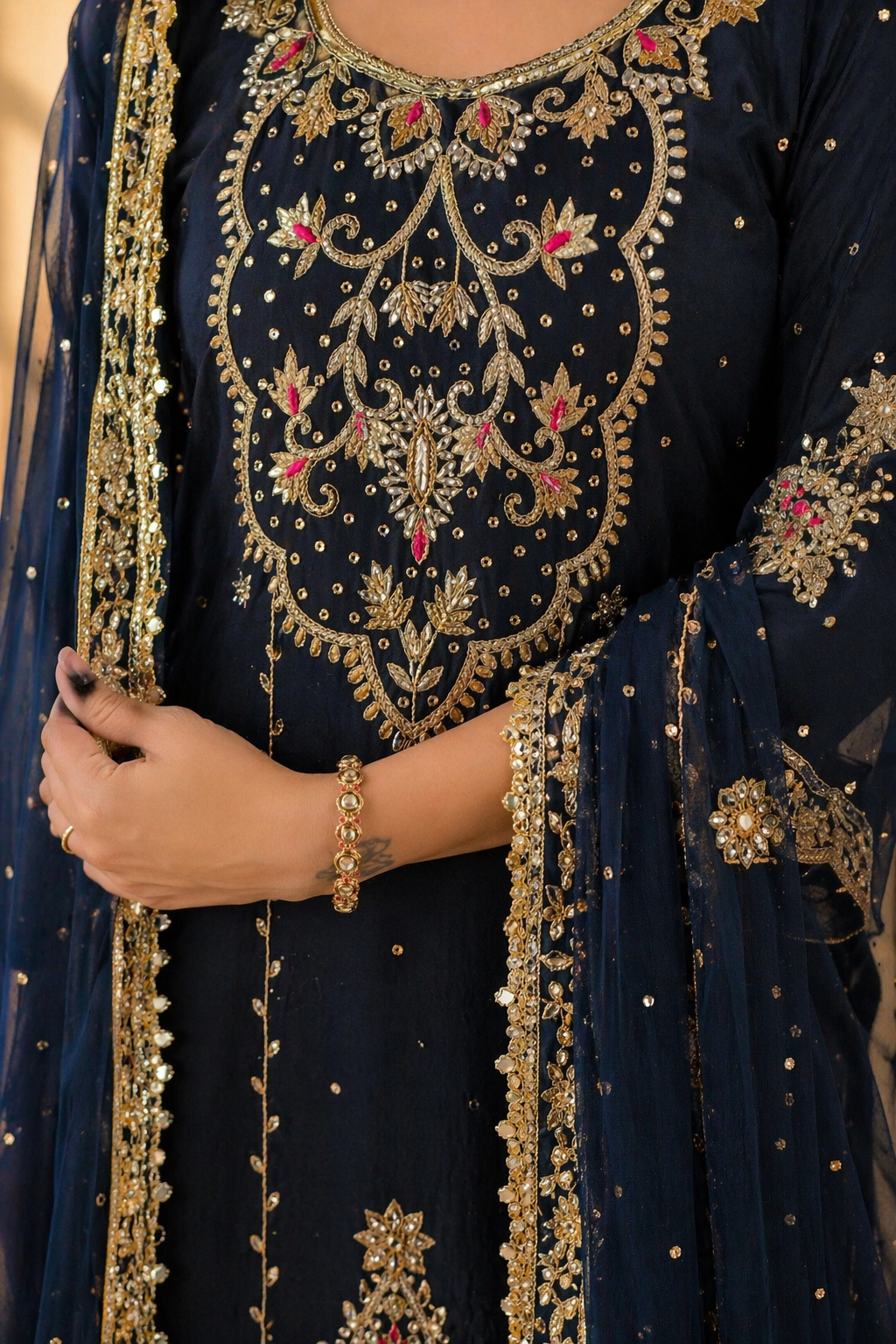 Royal Festive Intricate Embroidered Punjabi Salwar Set - Navy Blue