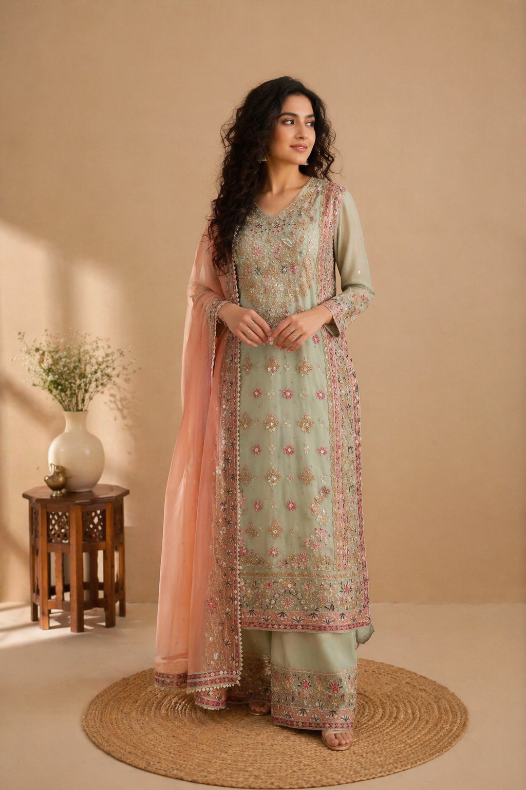 Zari Embroidered Silk Blend Palazzo Suit Set with Sheer Dupatta – Pista & Pink