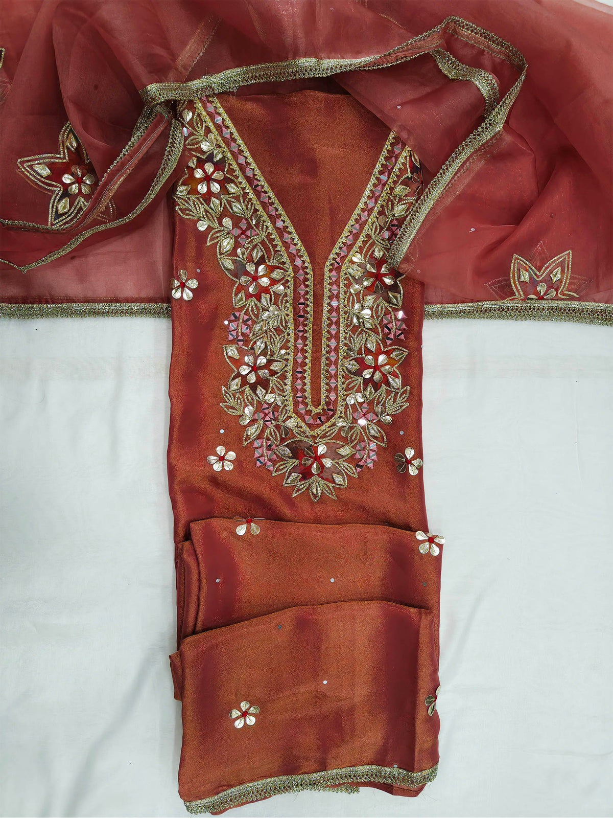 Shimmer Gota Patti Embroidered Unstitched Suit Set Mustard Yellow