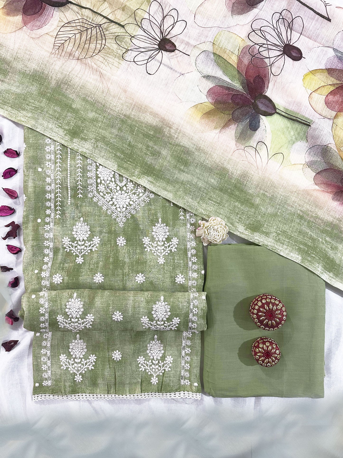 Linen Cotton Unstitched Suit Set Pista Green, Pink, Beige