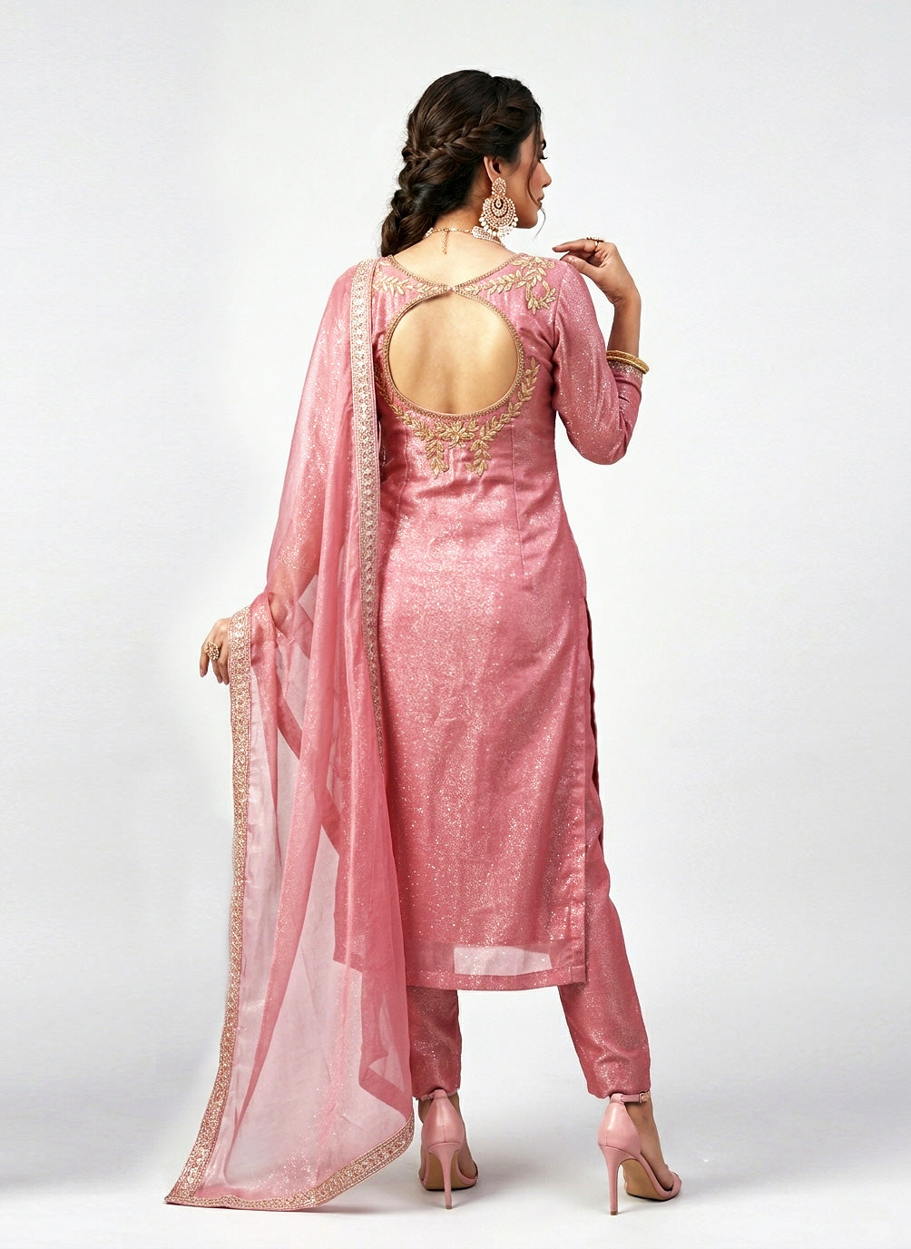 Hand-Embroidered Straight Pant Suit with Scallop Dupatta – Rose Pink