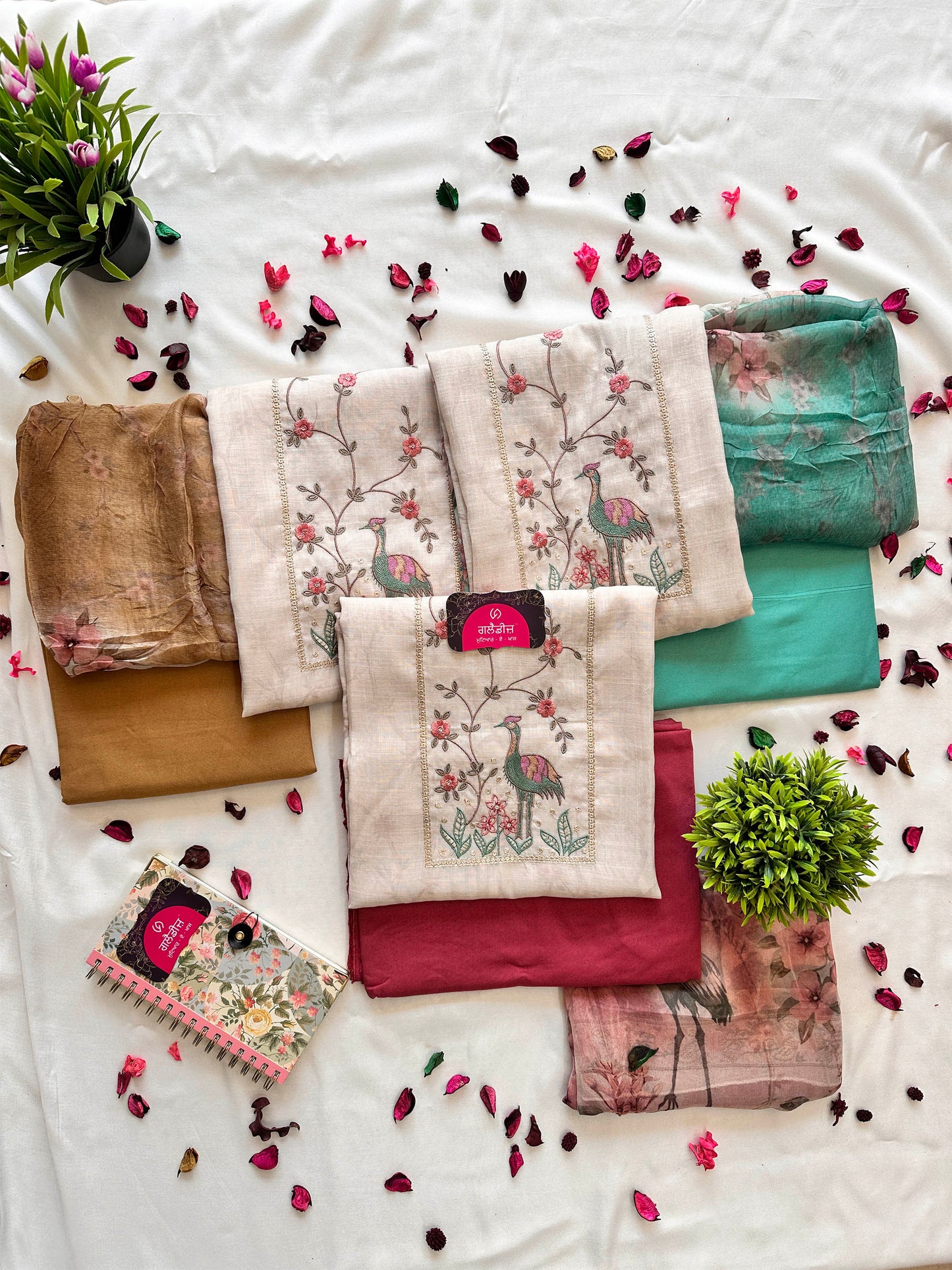 Linen Cotton Unstitched Suit Set with Floral Chiffon Dupatta & Embroidery