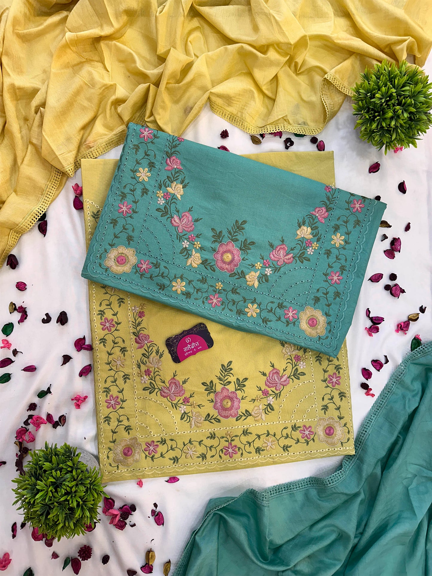 Unstitched Vibrant Giza Cotton Floral Embroidered Suit Set Green & Yellow