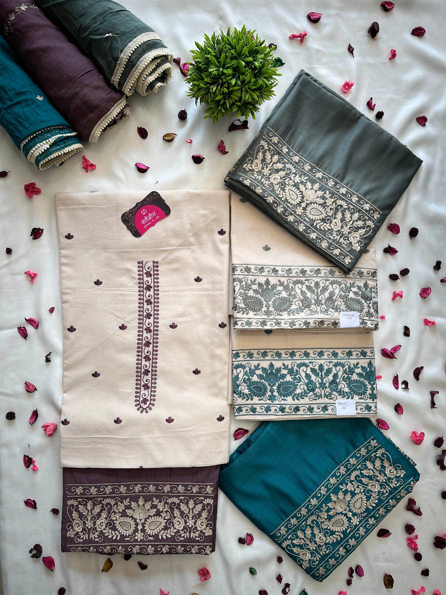 Giza Cotton Unstitched Suit Set with Machine Embroidery & Muslin Dupatta
