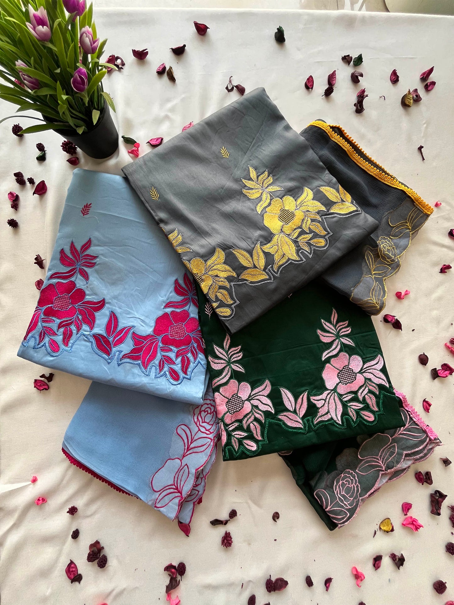 Jam Cotton Unstitched Suit Set with Floral Machine Work & Chiffon Dupatta