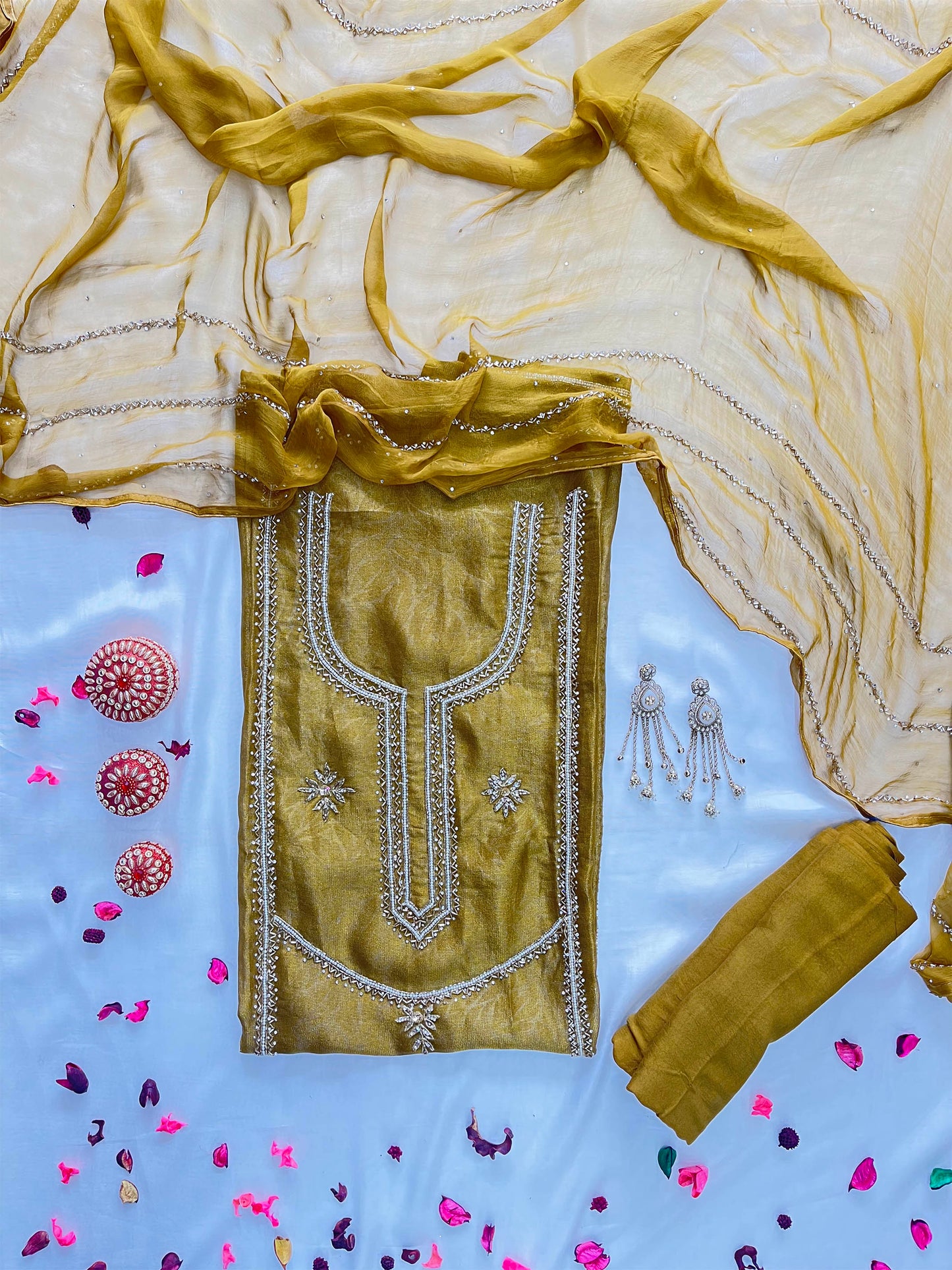 Shimmer Unstitched Suit Set Hand-Embellished Artistry & Chiffon Dupatta
