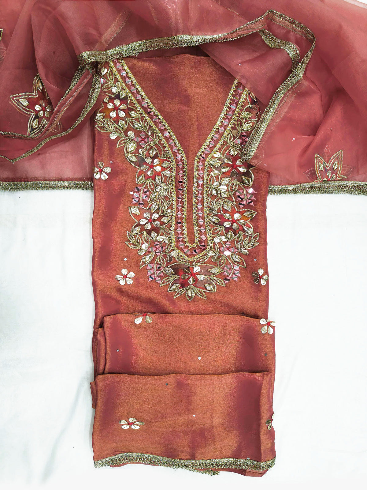 Shimmer Gota Patti Embroidered Unstitched Suit Set with Organza Dupatta