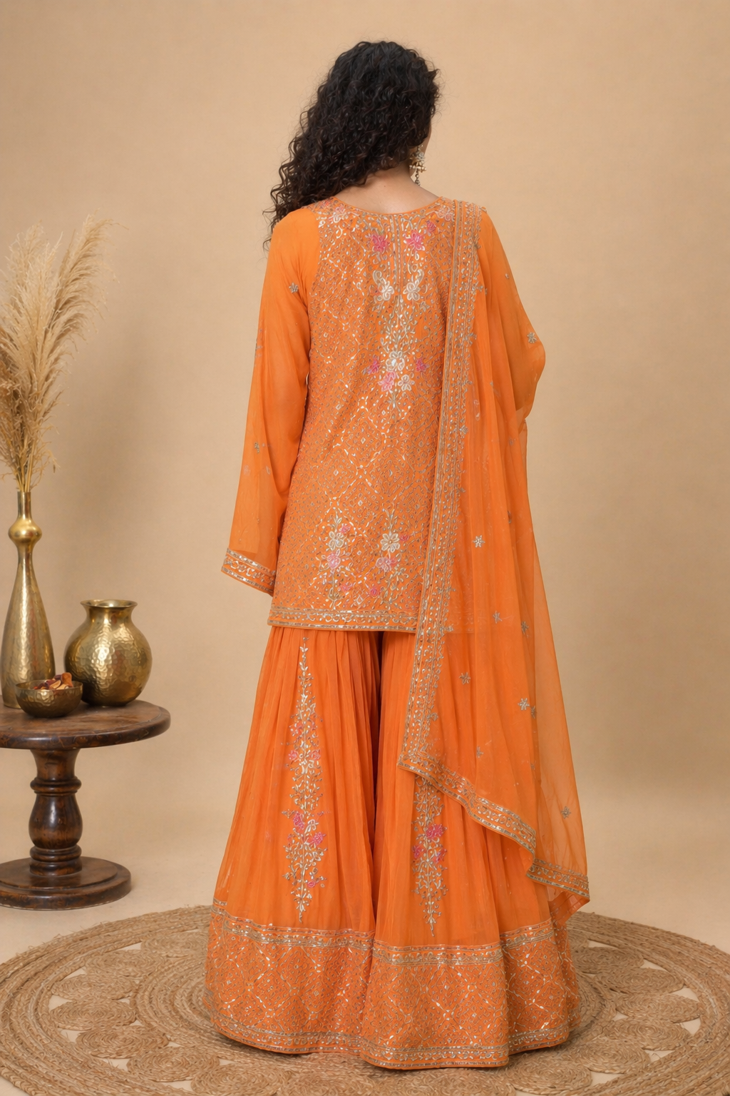 Intricate Embroidered Georgette Sharara Set – Festive Amber Orange