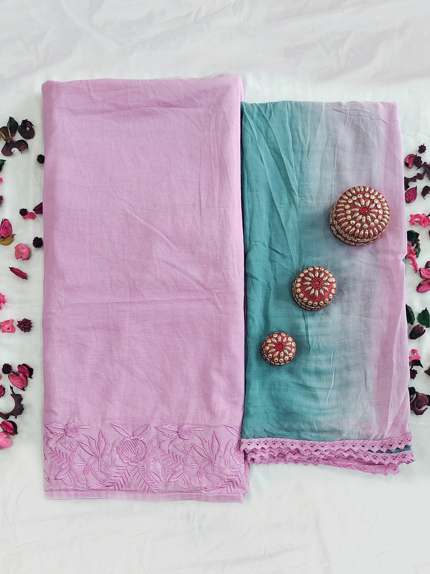Unstitched Suit Material with Linen Cotton  | Turquoise-Pink