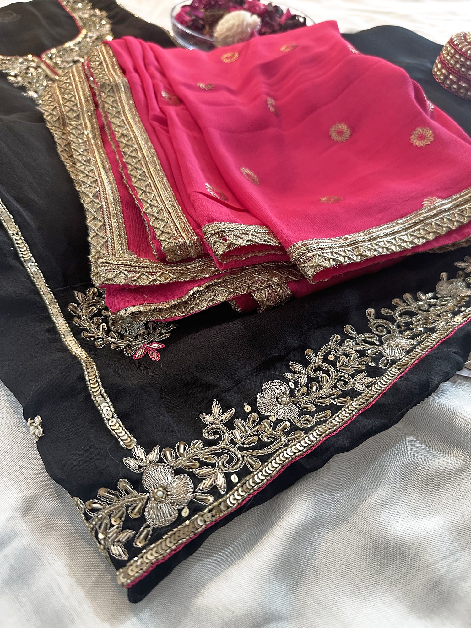 Viscose Organza Black with Magenta Dupatta Unstitched Suit Set