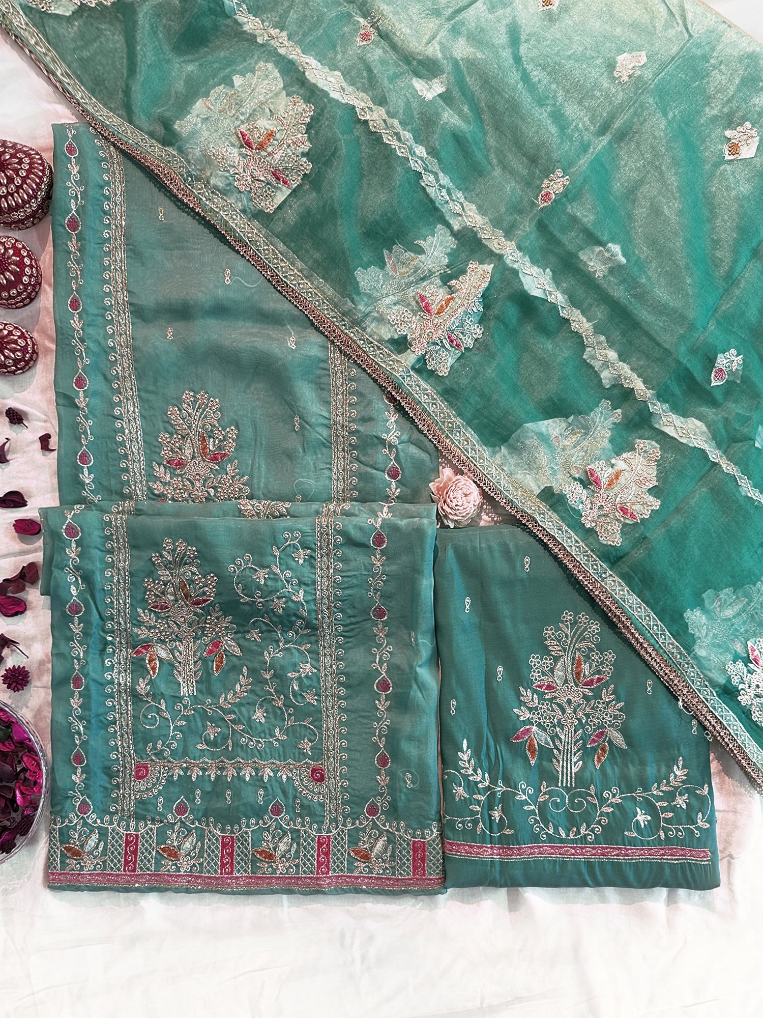 Organza Fabric Turquoise Color Unstitched Suit Set