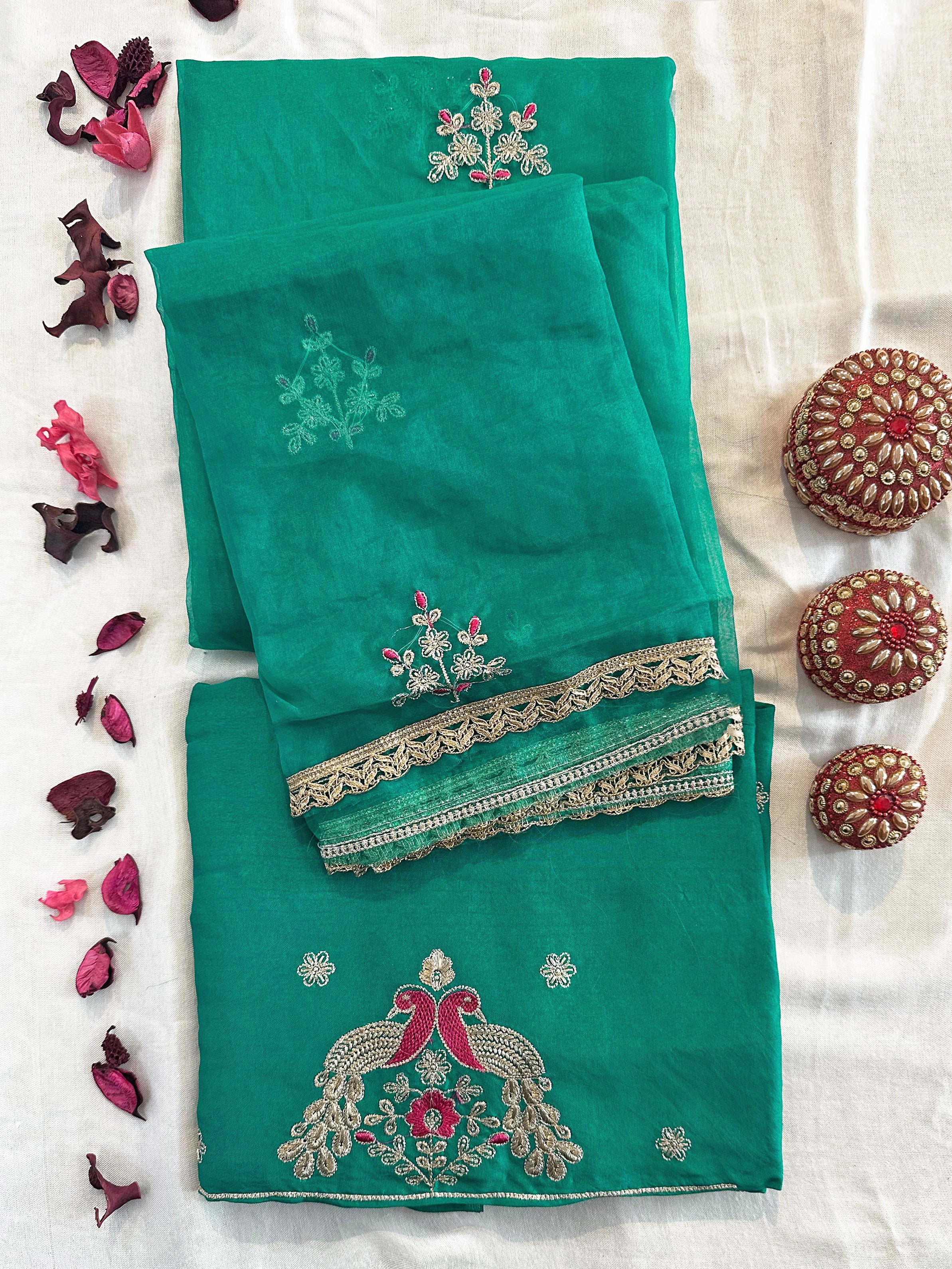 Viscose Organza 2 Green Colors Unstitched Suit Set