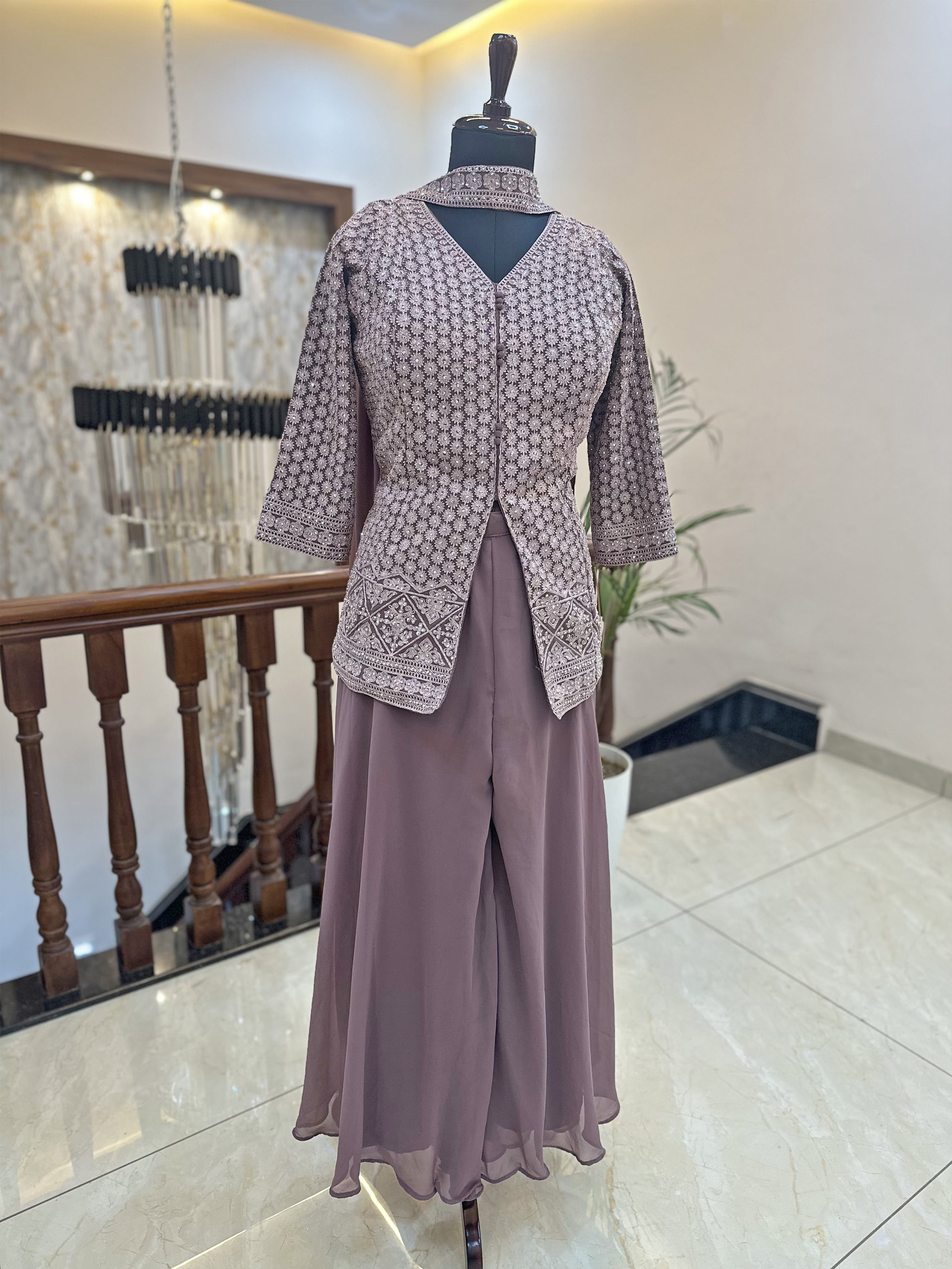 Georgette Fabric Readymade Top with Palazzo Set Mauve color