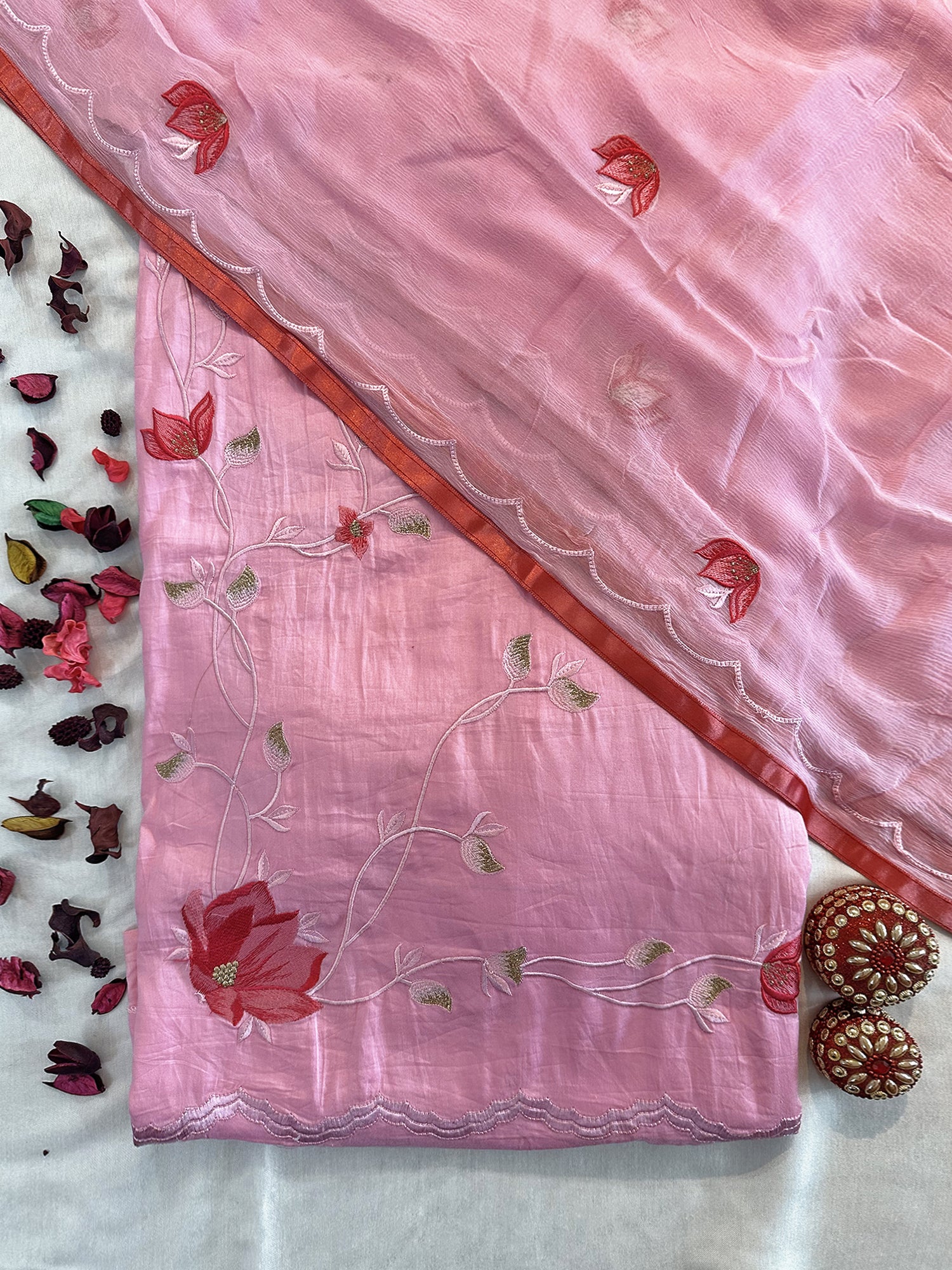 Cotton Fabric Unstitched Suit Set Pink color