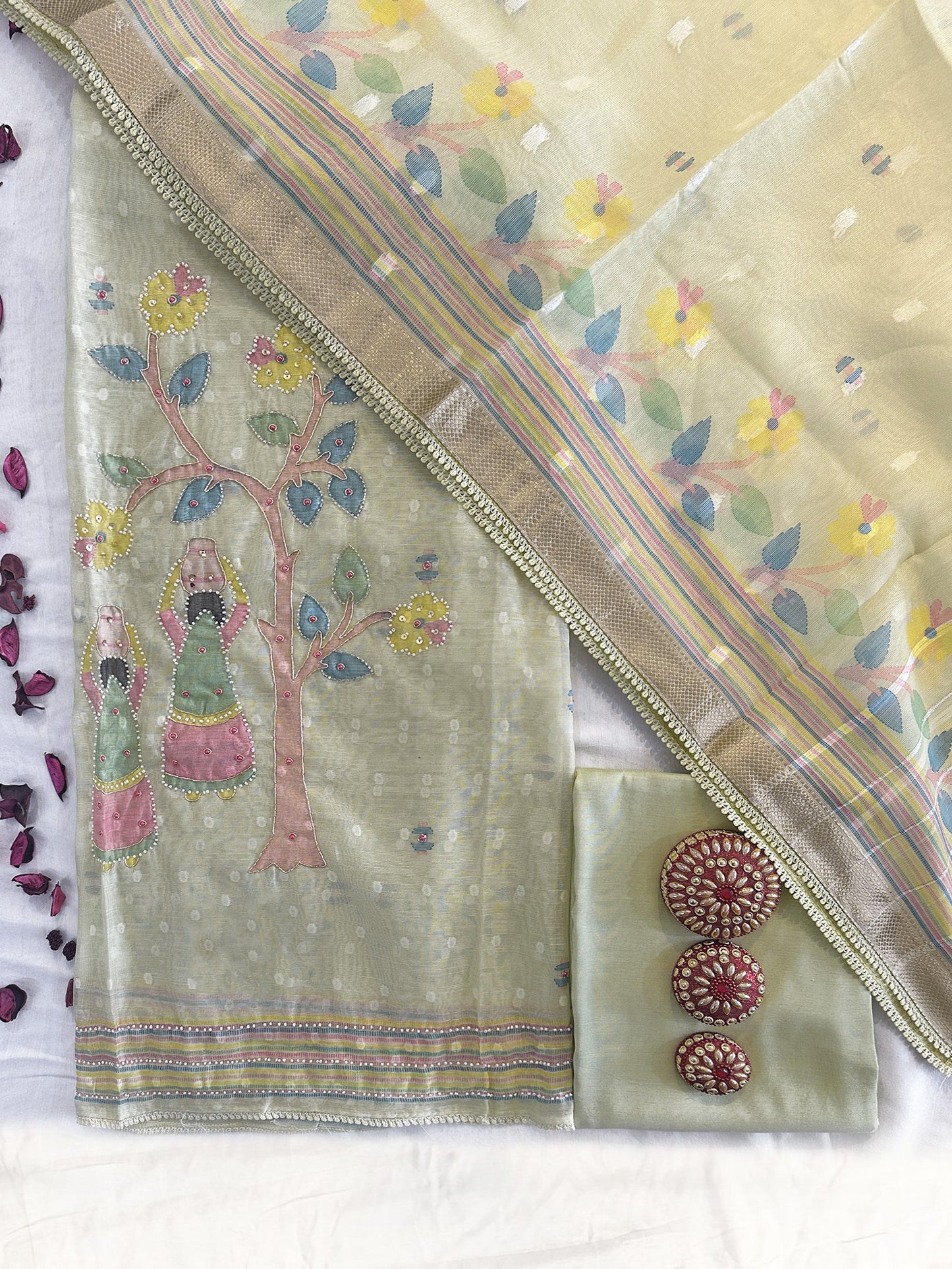 Kota Doria Unstitched Suit Set | Lime Green, C Green