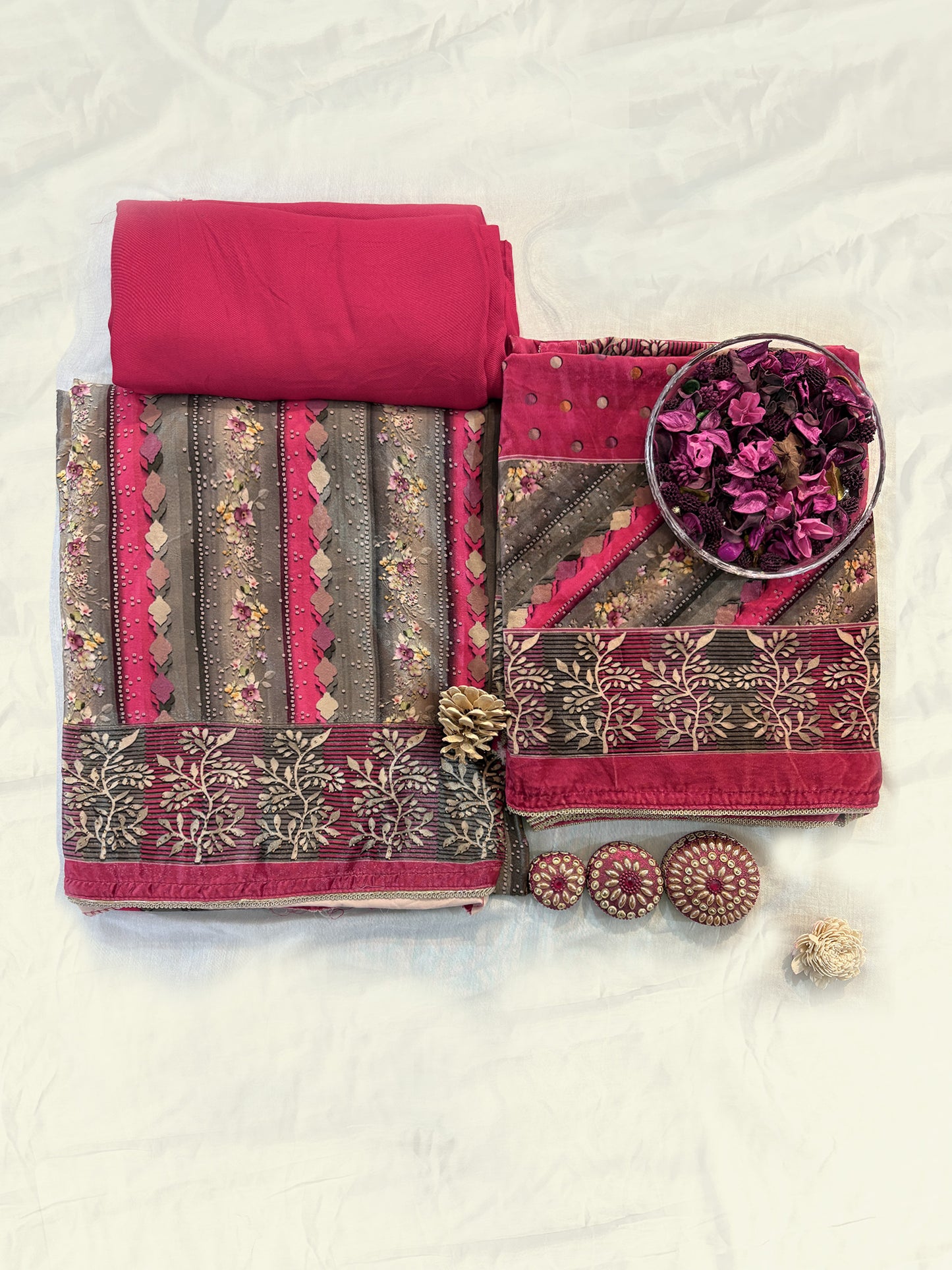 Velvet Fabric Unstitched Suit Set Red & Orange