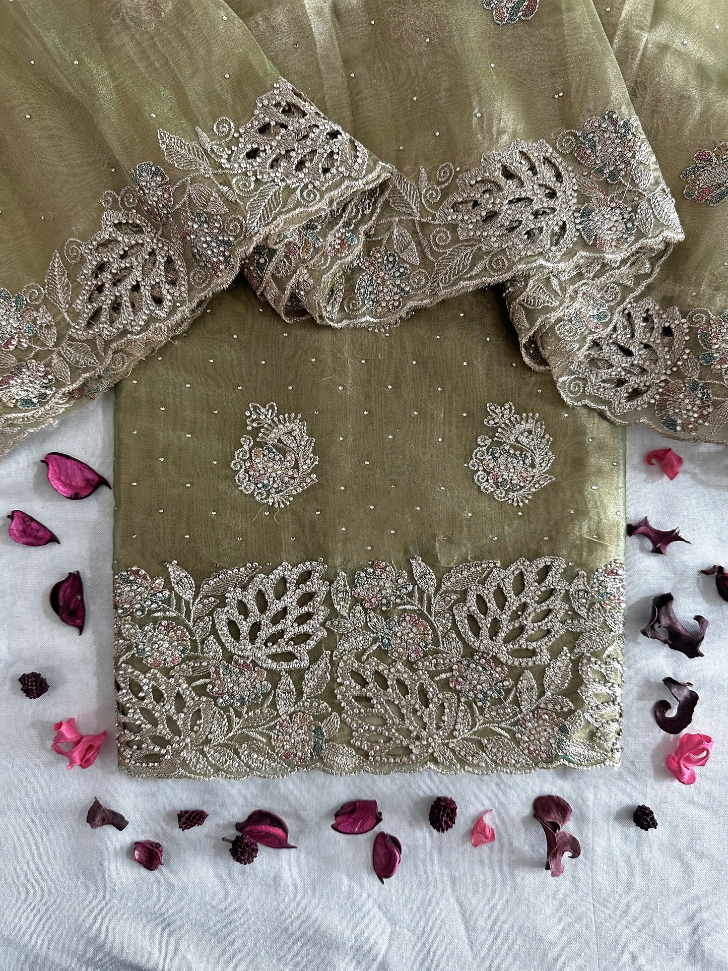 Sasha Fabric Unstitched Suit Set Gold and Green Color