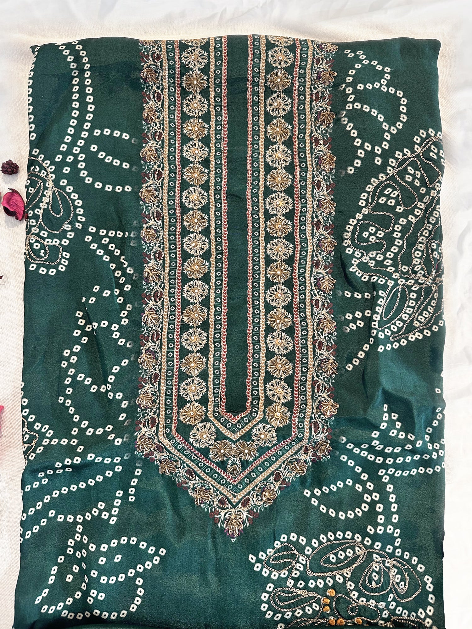 Butter Crepe Fabric Unstitched Suit Set Green Color