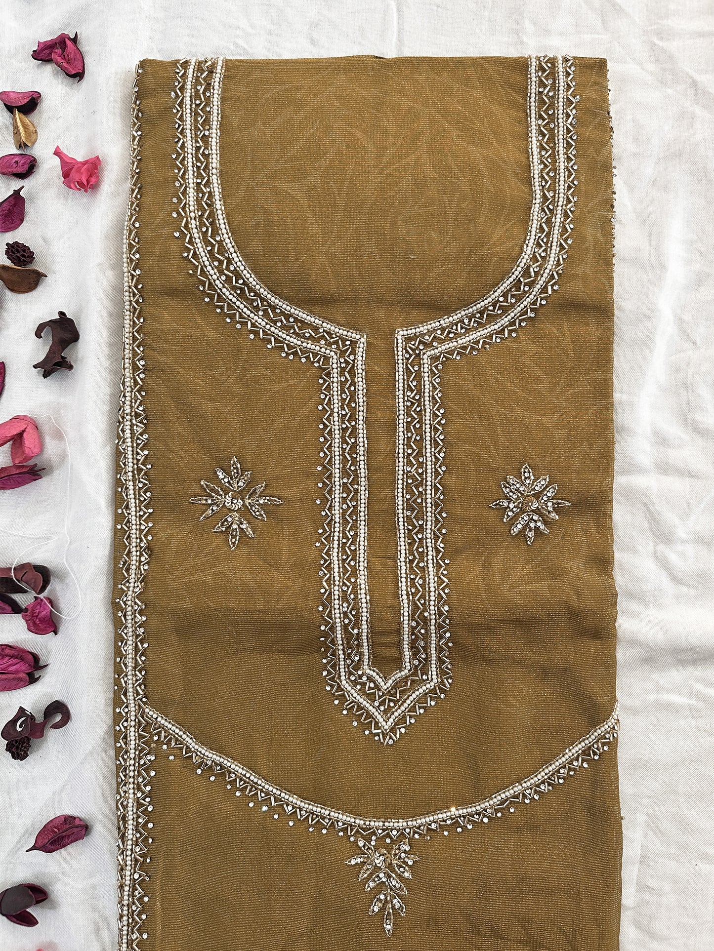 Shimmer Burberry Unstitched Suit Set | Orange, Light Blue, Mehndi Gold
