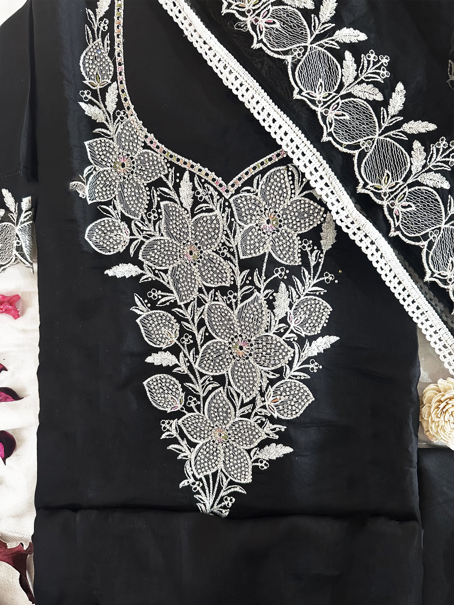 Muslin Fabric Unstitched Suit Set White and Black